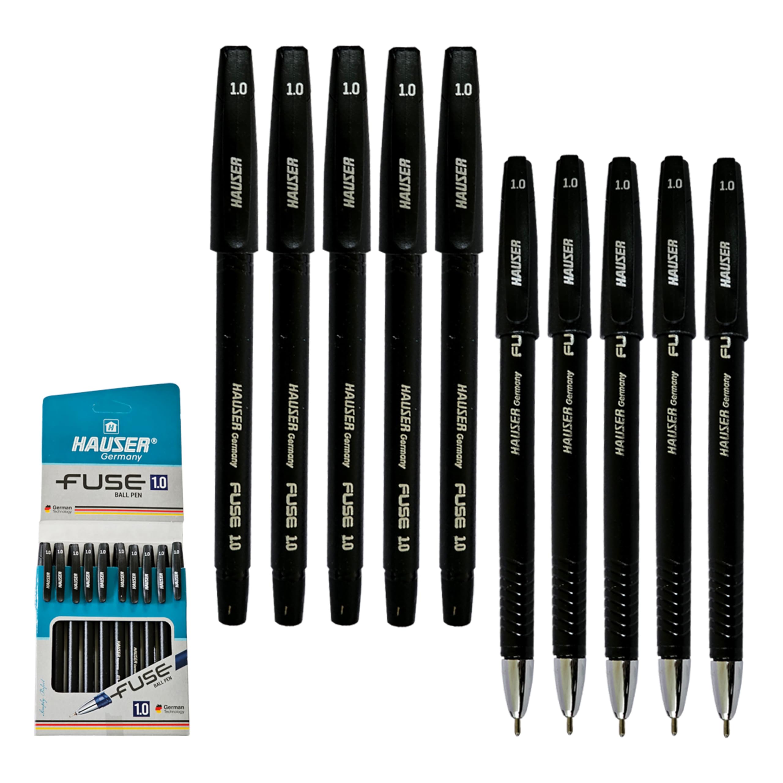 FUSE Ballpoint Pens, BLACK, Medium Point (1.0mm), Pack of 10, Smooth Ball Pens, Comfort Grip, Perfect for School Office Home Use, iZOFAX Black Ball Pen