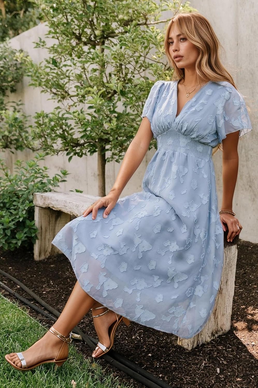 Women's Summer Casual Midi Dress Short Sleeve Smocked Floral Dress Elastic Waist V Neck Wedding Guest Dresses - Image 3