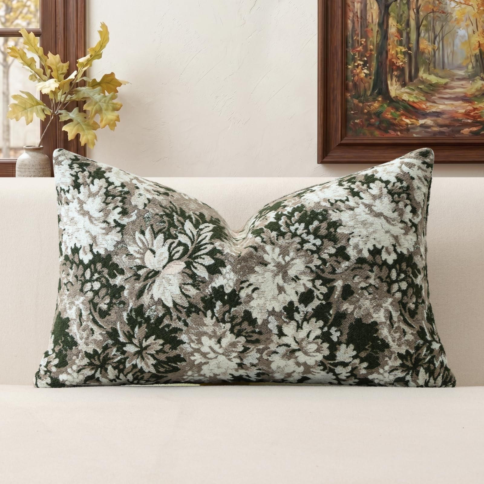 Artscope Set of 1 Neutral Floral Cushion Cover 40x60cm, Vintage Chenille Lumbar Throw Pillow Cover Soft Decorative Farmhouse Accent Couch Pillow Cover for Living Room Bedroom Green