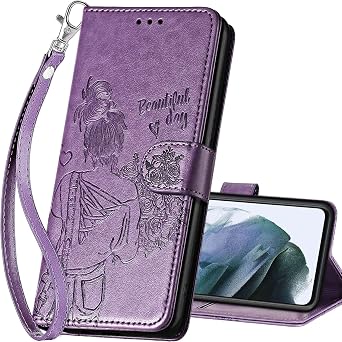 for Samsung Galaxy S21 FE Wallet case, Purple-Girl | 3 Card Holders, Kickstand, Shockproof TPU Shell, PU Leather, Magnetic Closure, Protective Flip Folio Cover, Women