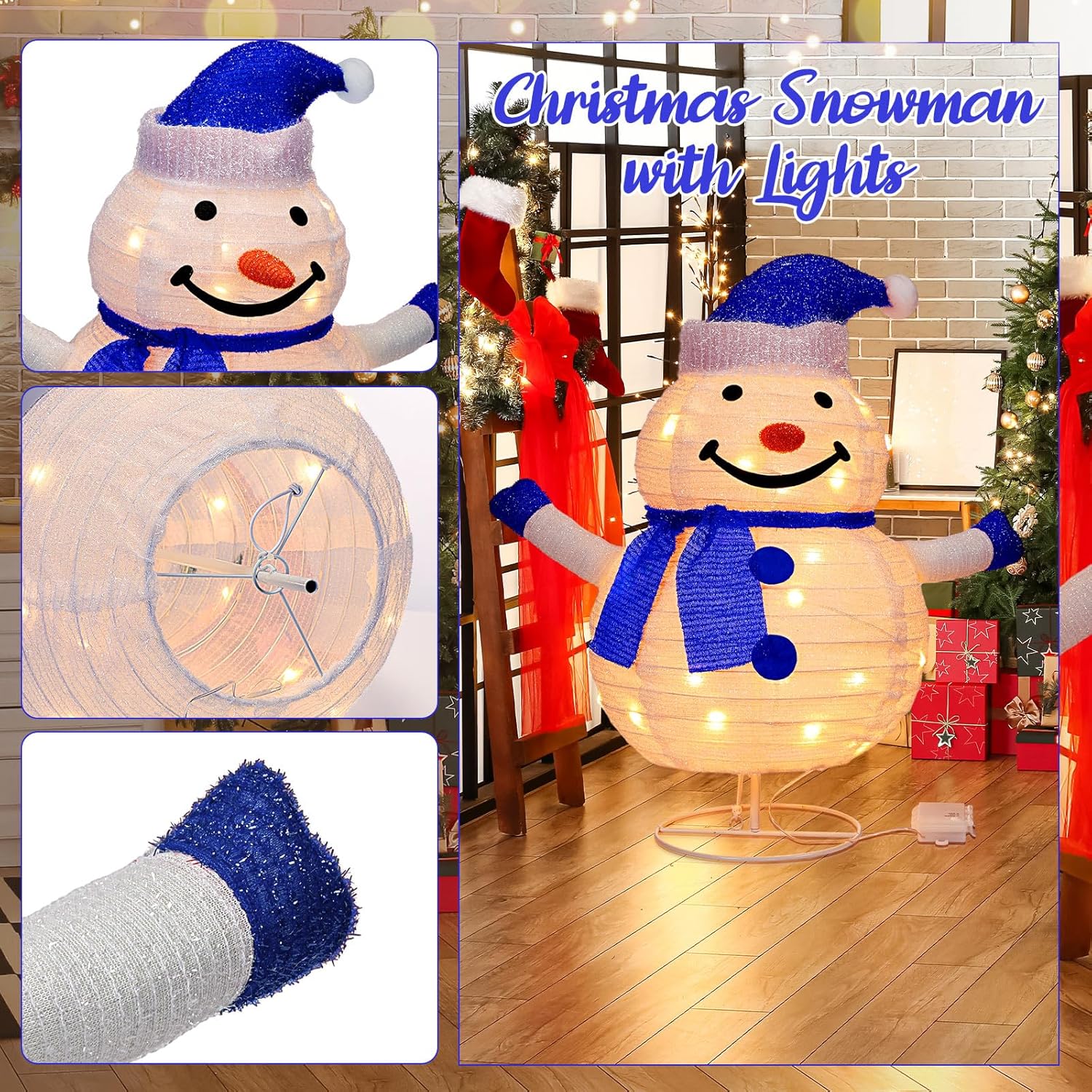 26In Lighted Snowman Outdoor Christmas Decorations Light Up Collapsible Snowman with 40 LED and Metal Stand Battery Operated Lighted Decor for Holiday Outside Yard Lawn (Cool Colors, Blue)