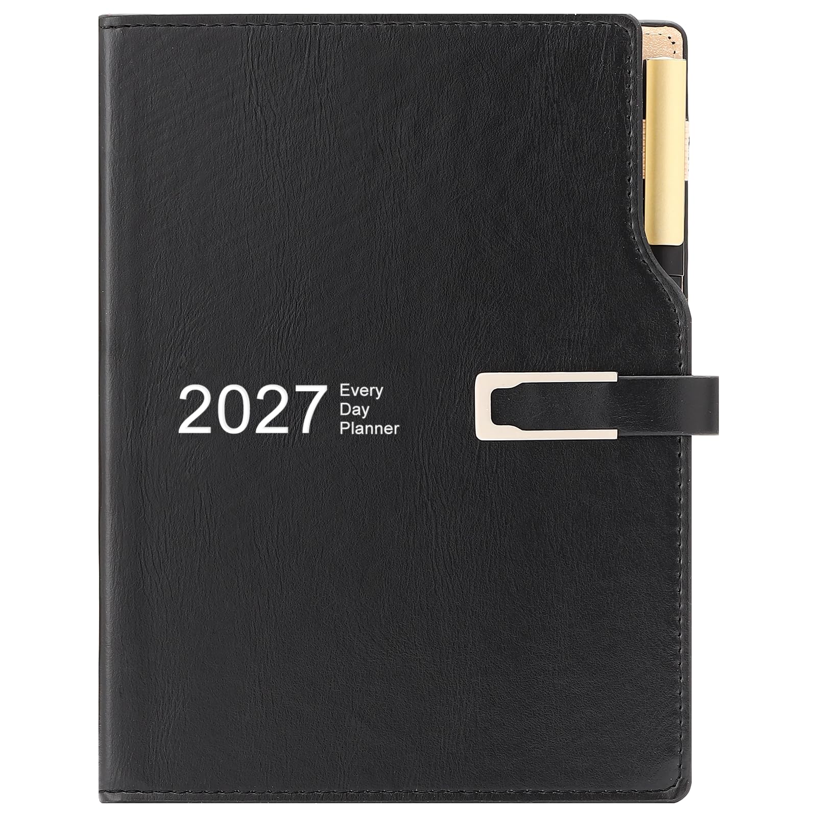 Academic Diary 2027 A5 Day to Page,Schedule Organizer with Calendar Stickers, Agenda Diary Planner with Pen Holder and Pen,Premium Thicker Paper 14 X 21.5 cm (Black)