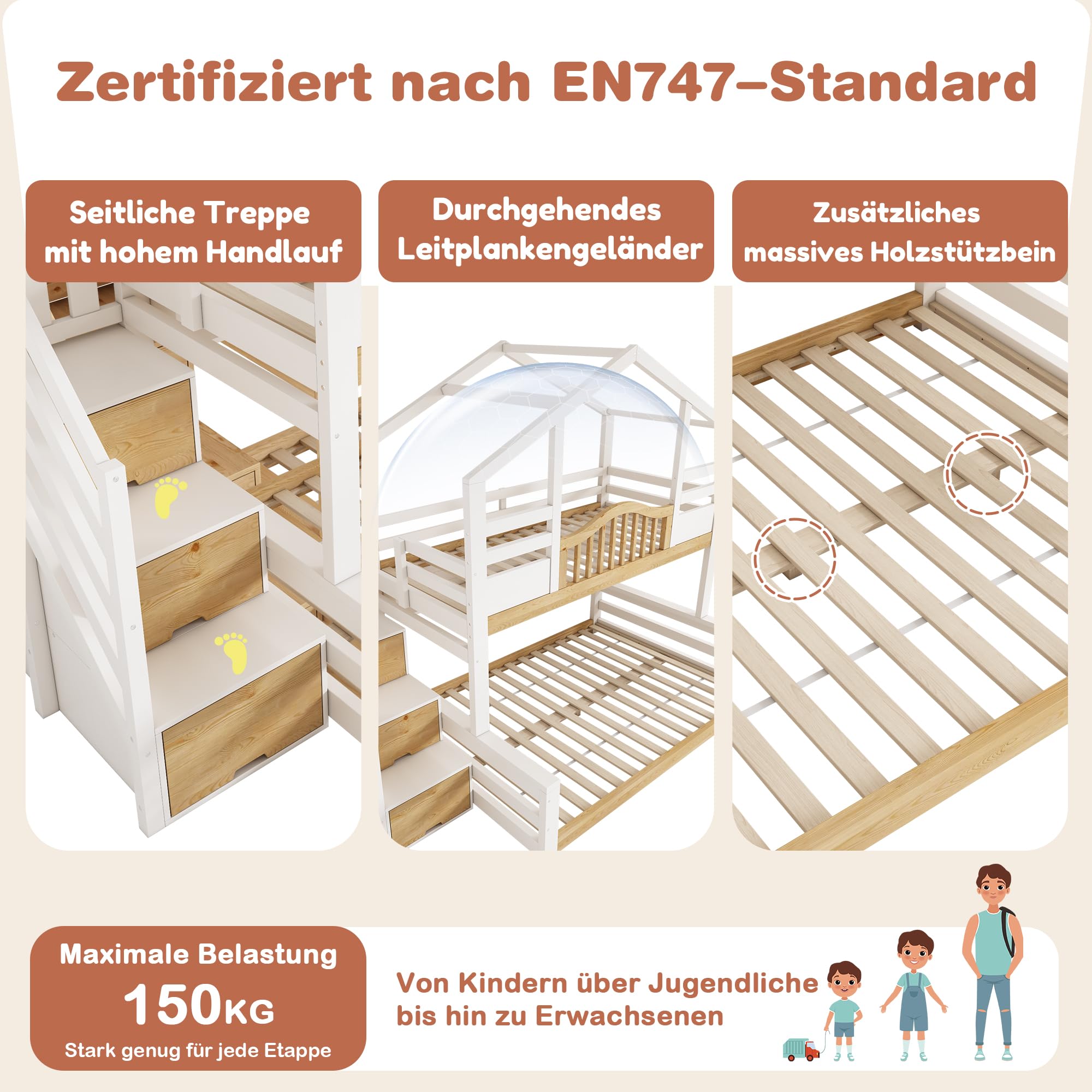 Hochbett Etagenbett 90x200cm&140x200cm mit Treppenschrank, Kinder Hausbett mit Dach und Geländer, unteres Bett mit drei offene Regale, Kinderbett für 2 Kinder, Massivholz (Weiß&Natur, 90/140 x 200 cm)