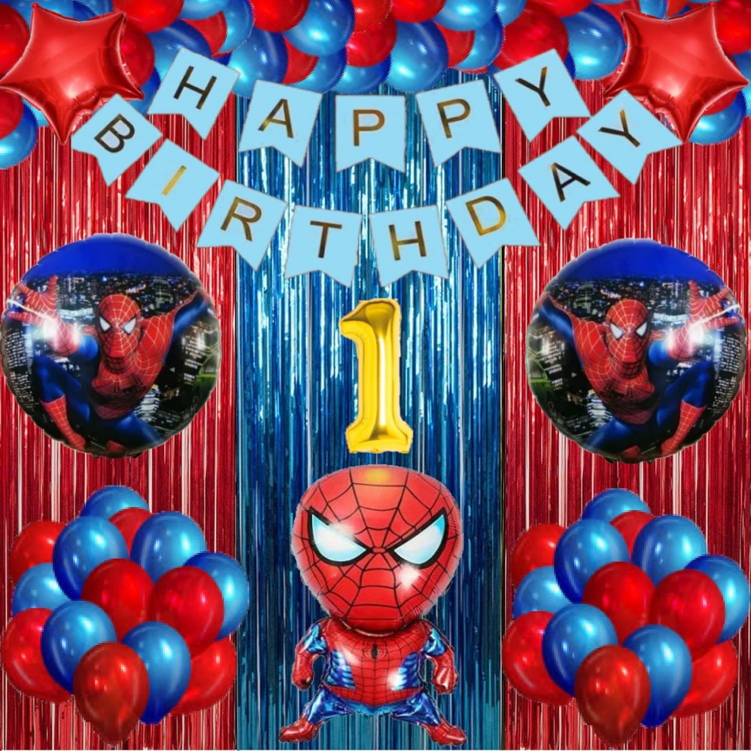 Urban Classic Spiderman theme for 40 balloons( Blue,Red),2 Red star foils,2pc Round Foil avengers balloons,1pc Hero Foil balloons,2 pcs curtains (Red, Blue ),1 Happy Birthday banner. (1st Birthday)