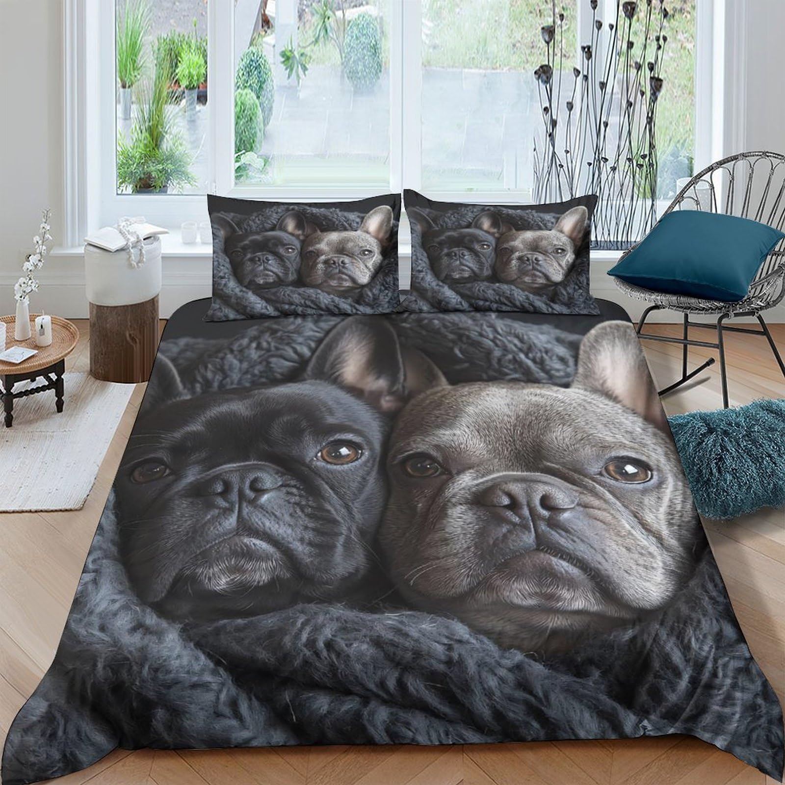 P5V6M1Q9 3D Printed French Bulldog Duvet Cover Microfiber Soft Breathable Dog Face Bedding Set with 2 Pillowcases for Bedroom Decor Single（135x200cm）