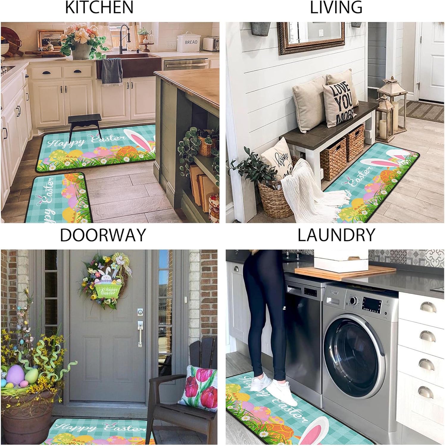 2 Pcs Easter Kitchen Rugs and Mats for Floor Non-Slip Backing Easter Eggs Bunny Mat Easter Outdoor Decorations Anti Fatigue Kitchen Rug Sets with Runner (Happy Easter 03, 17"x47.2"+17"x30")