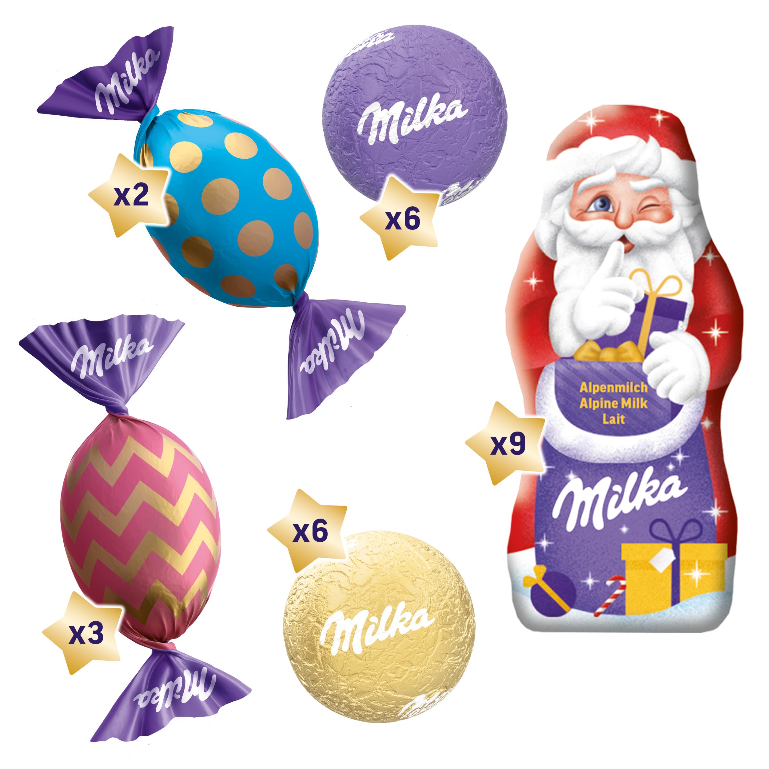 Milka Snow Mix Calendario de Adviento – Colorido calendario de Navidad con chocolate – bolas y figura de muñeco de nieve relleno – 236 g