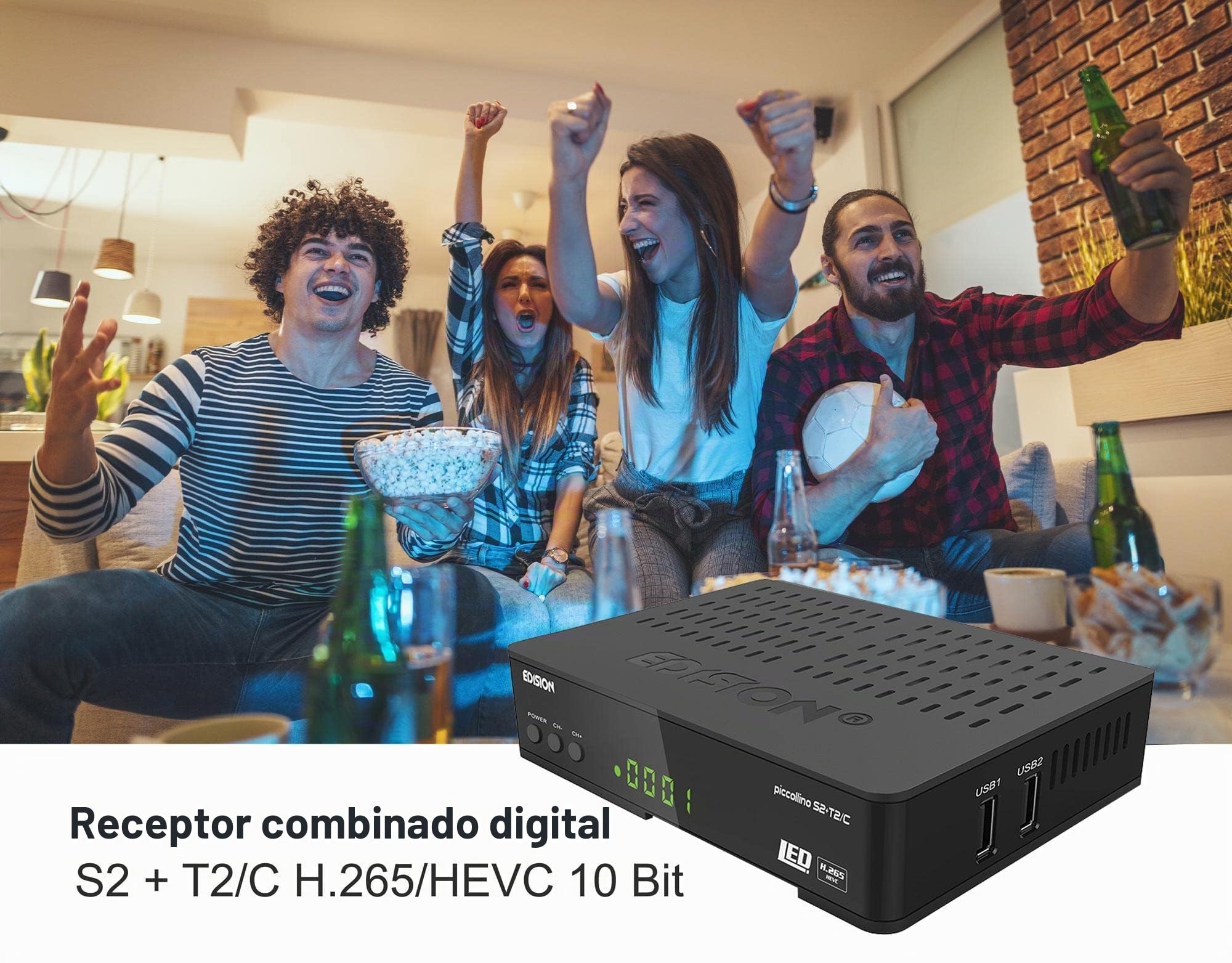Edision Piccollino S2+T2/C, Combo Receptor H265/HEVC (DVB-S2, DVB-T2, DVB-C) Full HD USB, Negro
