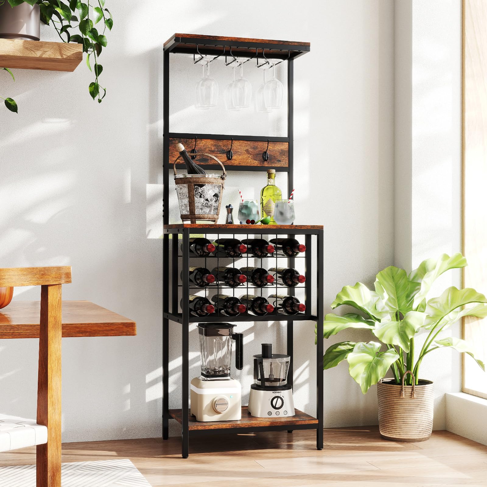 GIANTEX Estantería de Cocina con Botellero para 12 Botellas, 3 Ganchos Dobles y Portavasos, Mueble para Almacenamiento de Vino, 54x37x156cm, Carga Total hasta 150 kg, Organizador para Comedor, Bar