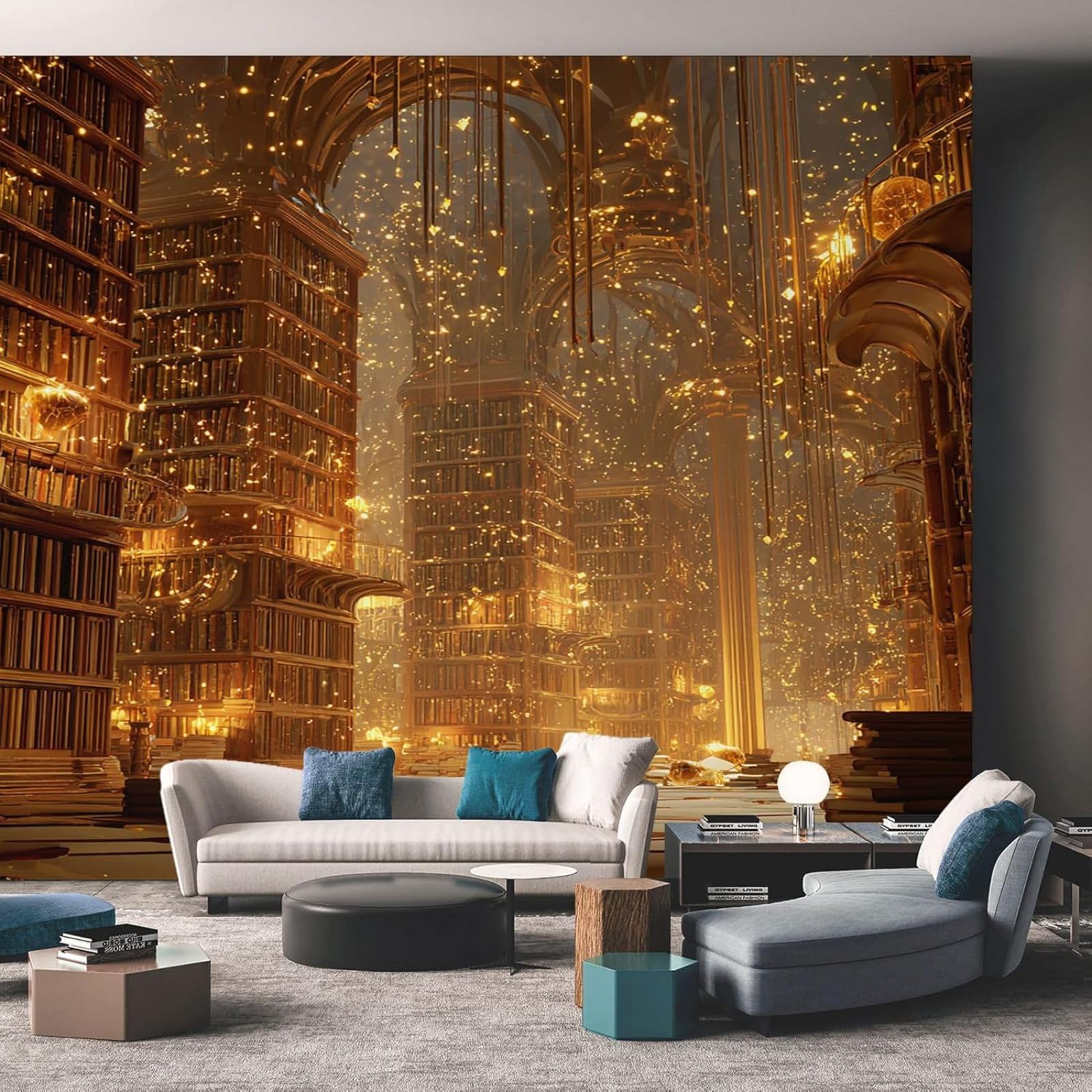 Bibliothek-Vliestapete Gold Fantasy Buch Magie Innenbereich Wohnzimmer Küche Schlafzimmer Wanddekoration Bibliothek Tapete, 200 cm x 140 cm | Innenbereich Wohnzimmer Küche Schlafzimmer Wanddekoration Bibliothek