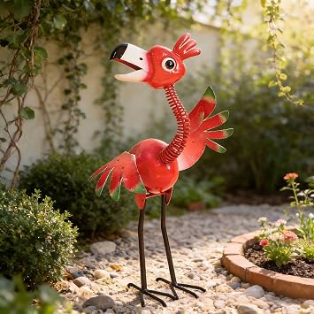 Natelf Funny Outdoor Metal Welcome Flamingo Garden Yard Statue | Waterproof and Rust-proof Whimsical Pink Bird Sculpture for, Porch, Patio, Backyard Decor, 21.46