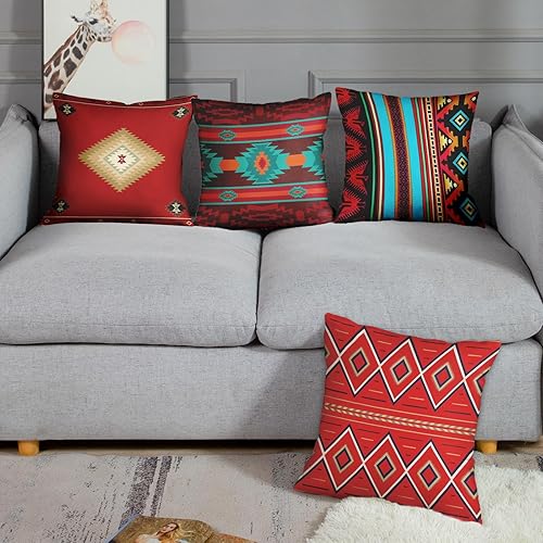 Miniatura 4 de ArtSocket Juego de 4 fundas de almohada del suroeste occidental tribal rojo nativo americano para el hogar, cultural, geométrico, país, decoración