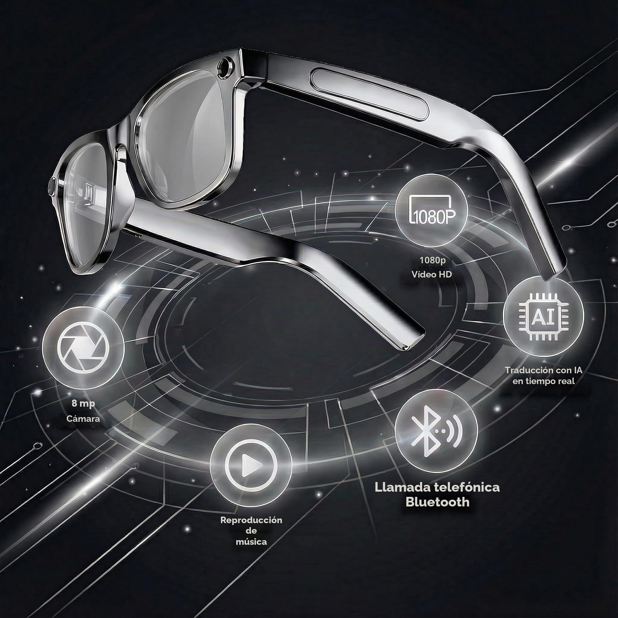 Gafas con Cámara HD, 8MP 1080P Gafas Inteligentes con IA, Procesador de Doble Núcleo con Asistente IA para Traducción en Tiempo Real, 410 mAh Que Ofrece hasta 16 Horas de Autonomía Gafas Inteligentes