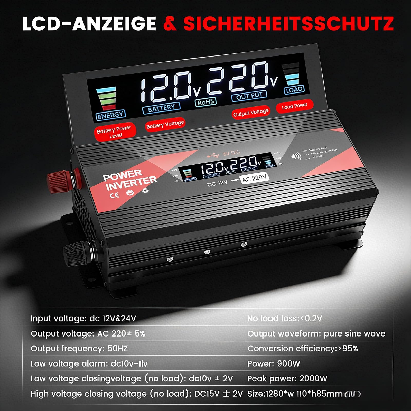 2000W Power Inverter 12V to 240V with LCD Display, 2 UK Sockets & USB Port, Modified Sine Wave Car Inverter for Camping, RV, Truck, Home Use – High Efficiency >95%, Safety Protections (Red) - 3