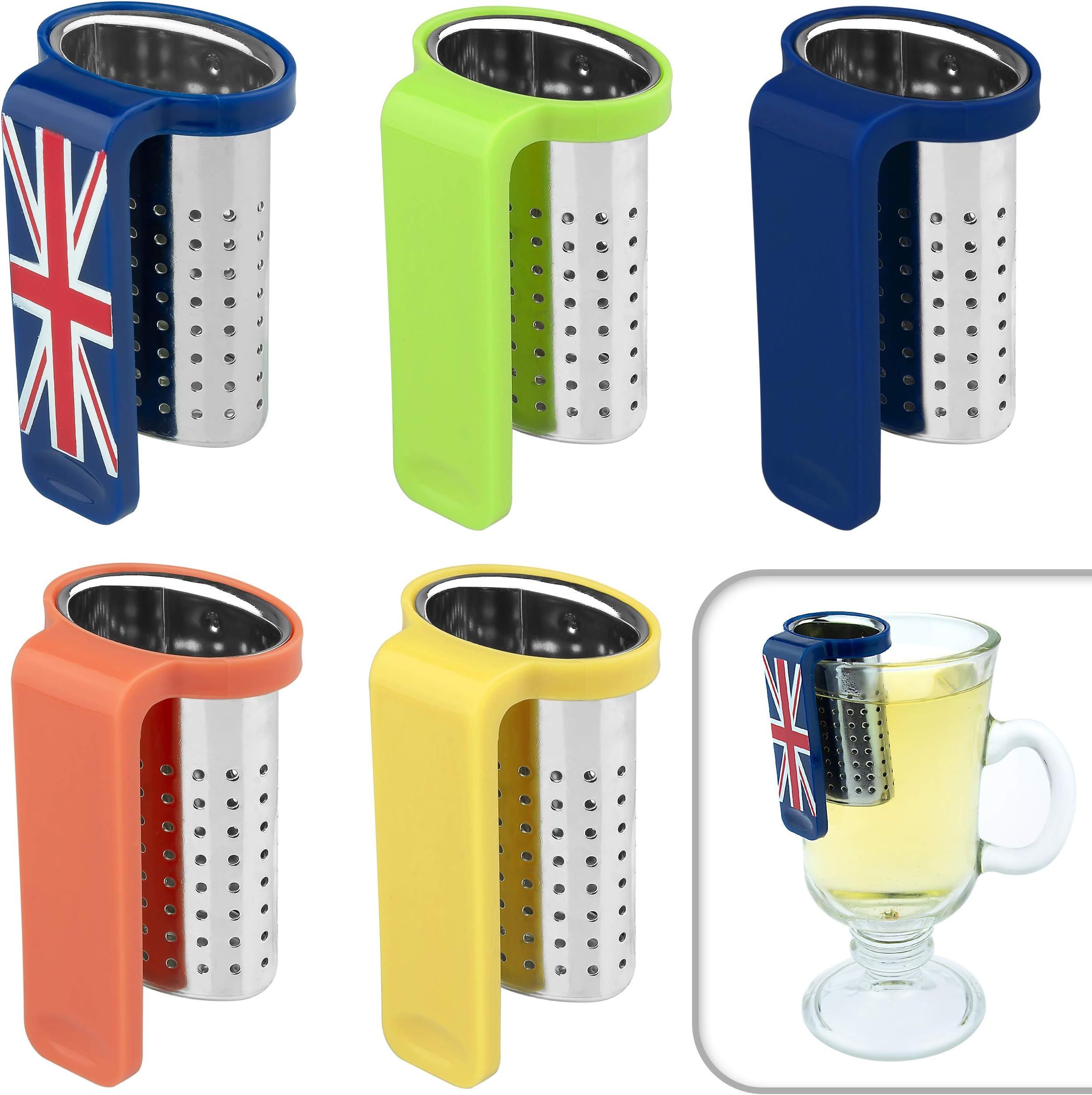 PRIME HORIZON Tea Infuser 4 Pack - Loose Leaf Tea Strainer, Filter Hanging Over Side of Cup, Stainless Steel with BPA Free Plastic Handle (Set of 4, Blue/Green/Red/Yellow)