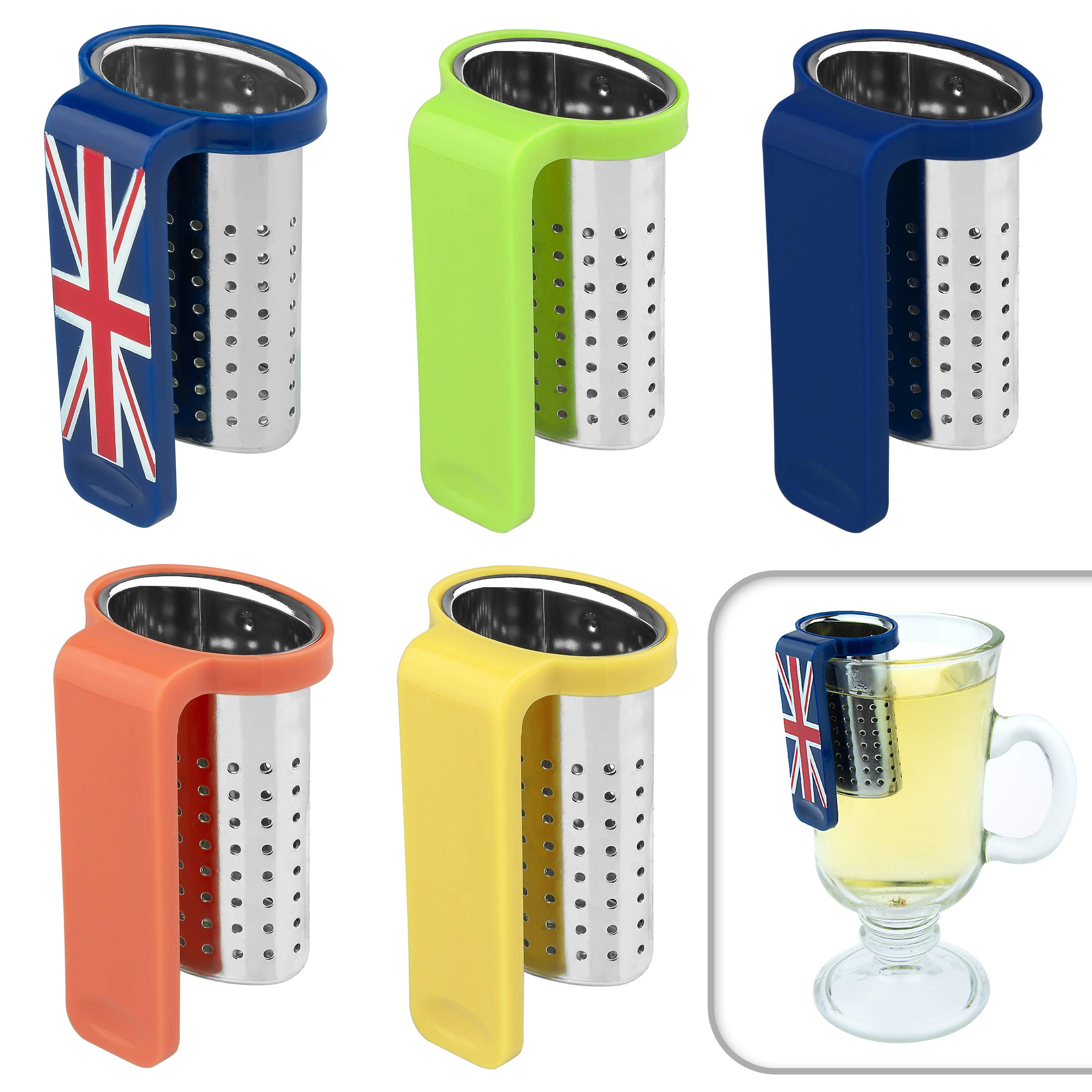 PRIME HORIZON Tea Infuser 4 Pack - Loose Leaf Tea Strainer, Filter Hanging Over Side of Cup, Stainless Steel with BPA Free Plastic Handle (Set of 4, Blue/Green/Red/Yellow)