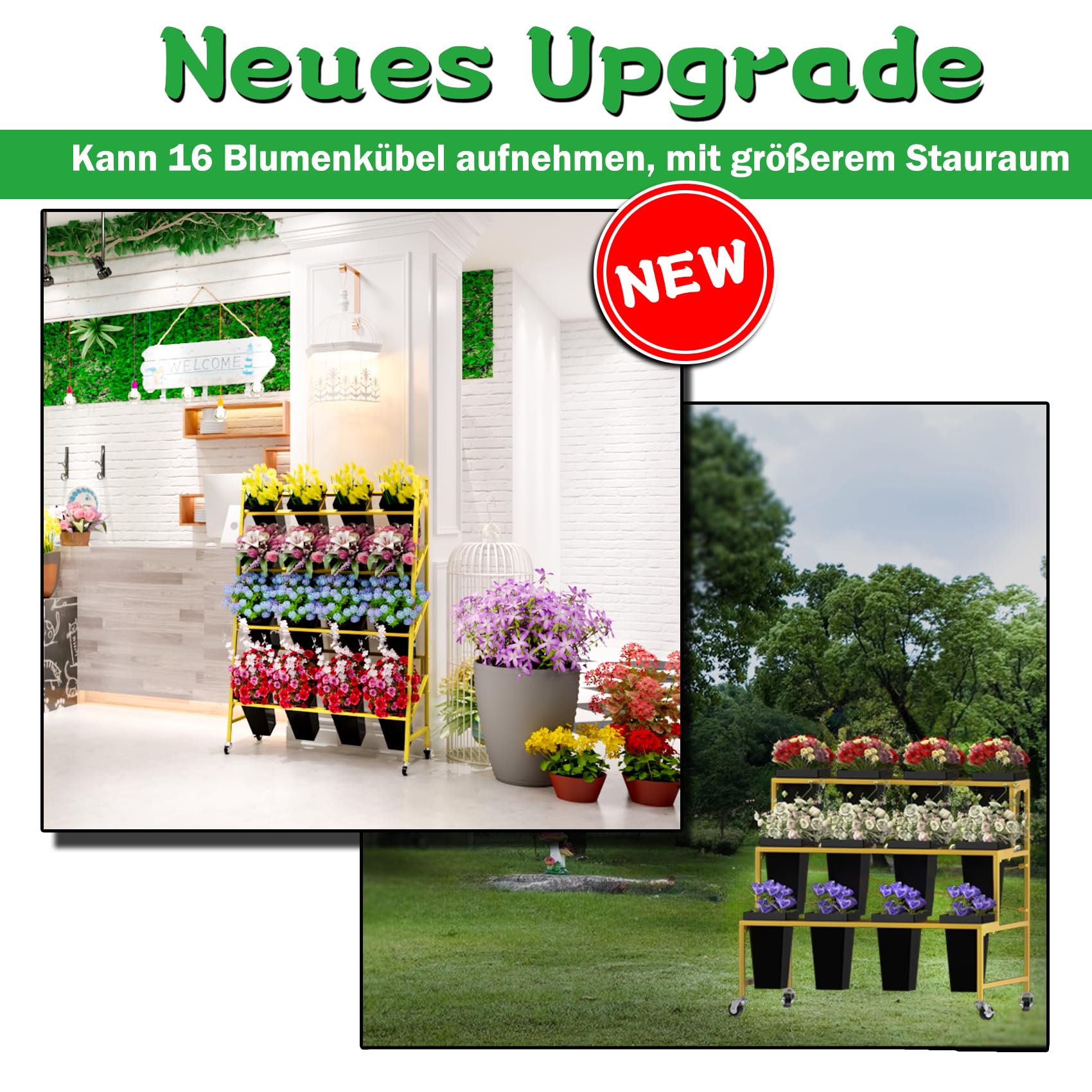 Blumenständer, 4-stöckig, Metall-Pflanzenständer mit 16 Kunststoff-Blumeneimern, beweglicher, robuster Blumenwagen, Blumenregal für drinnen und draußen, Terrasse (black)