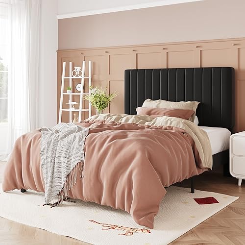 Allewie Base de cama individual, plataforma tapizada de terciopelo con cabecera capitoné de canal vertical ajustable, base de colchón con listones