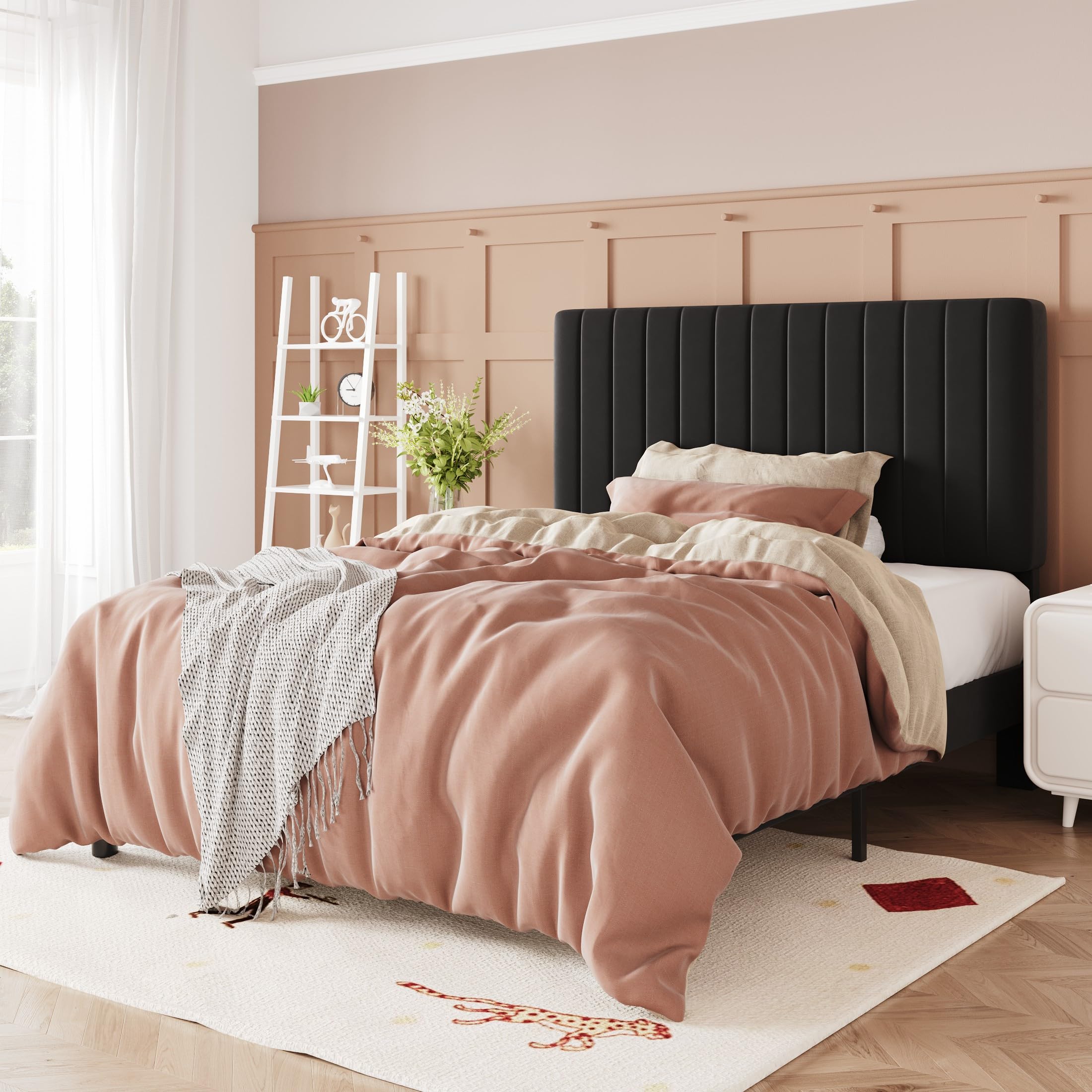 Allewie Twin Bed Frame, Velvet Upholstered Platform Bed with Adjustable Vertical Channel Tufted Headboard, Mattress Foundation with Strong Wooden