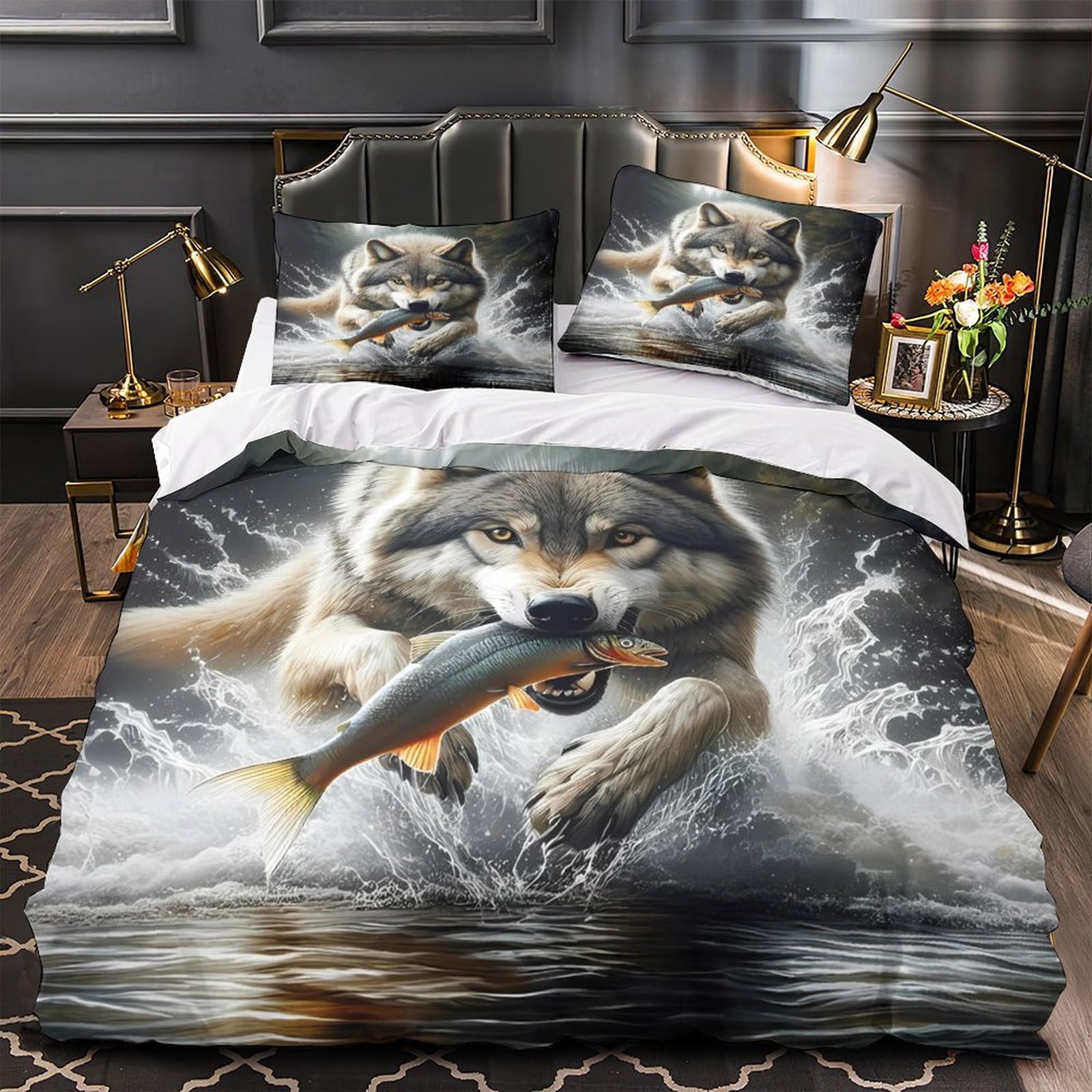 Drap de couette loup 3D imprimé nature sauvage 140x200 microfibre