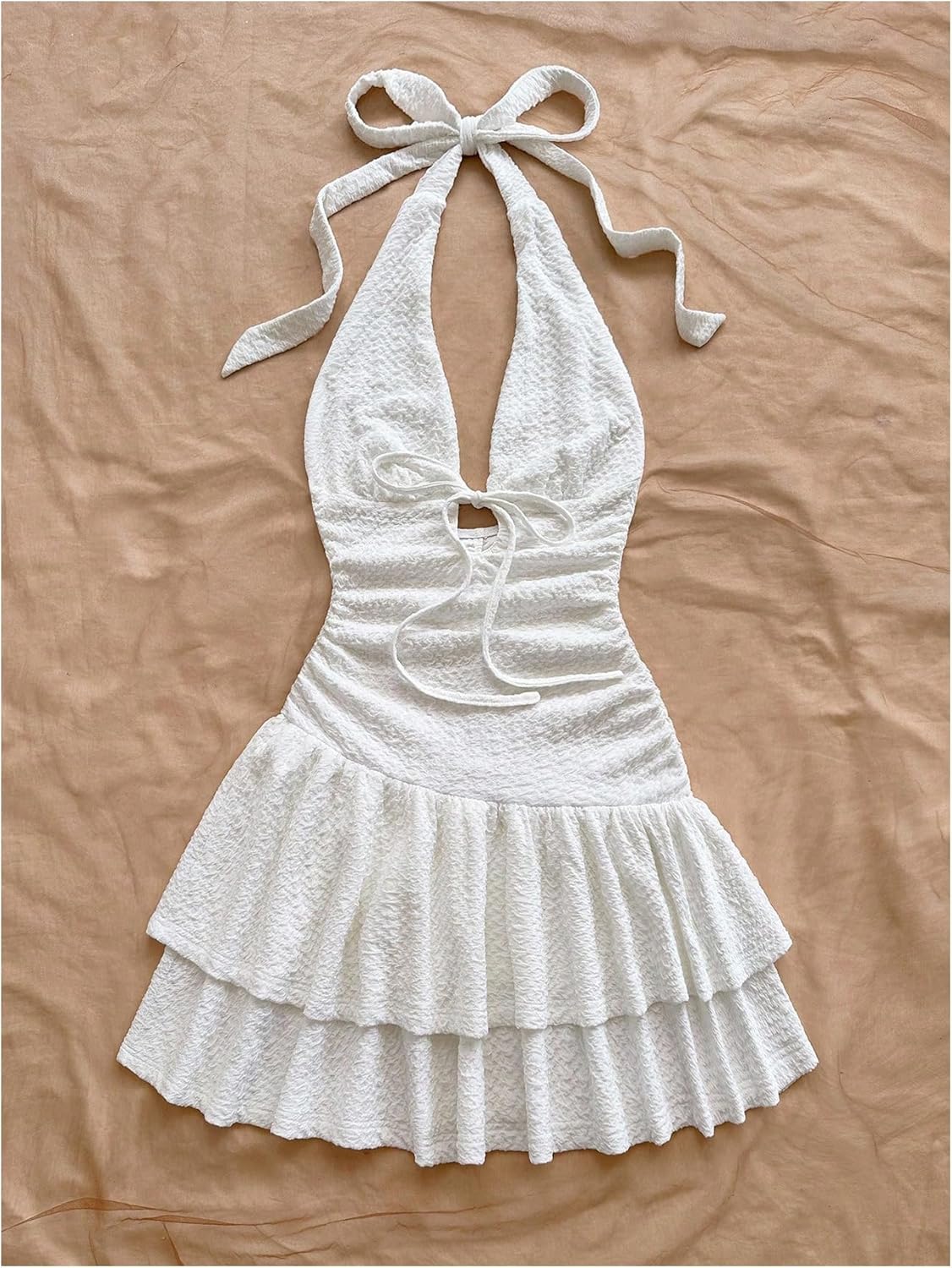 Women's Textured Halter Mini Dress Y2k Ruched Layered Ruffle Summer Vacation Going Out Dresses - Image 2