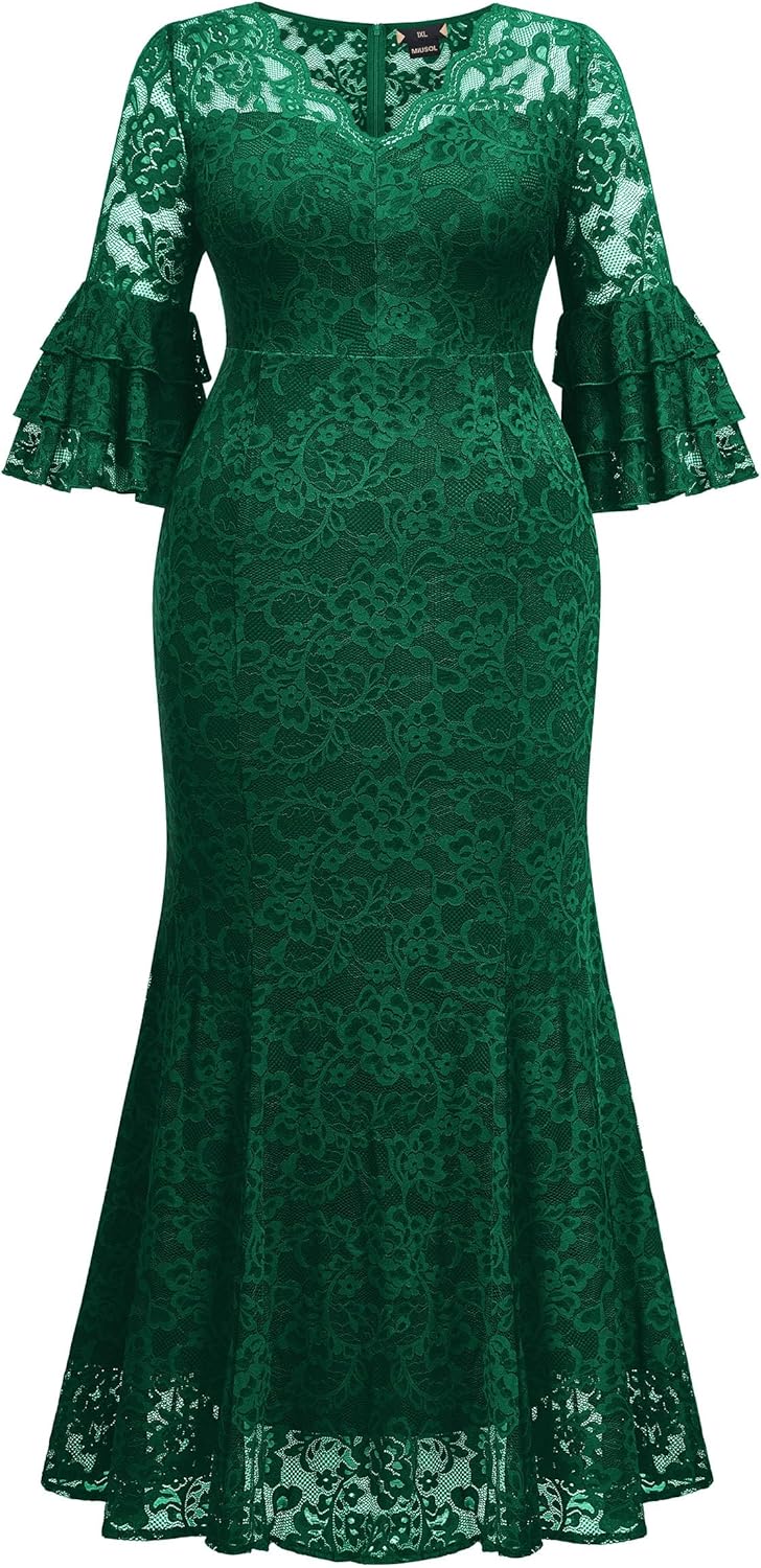 Miusol Women's Plus Size Floral Lace Ruffle Bell Sleeve V Neck Mermaid Hem Formal Maxi Dress - Image 5