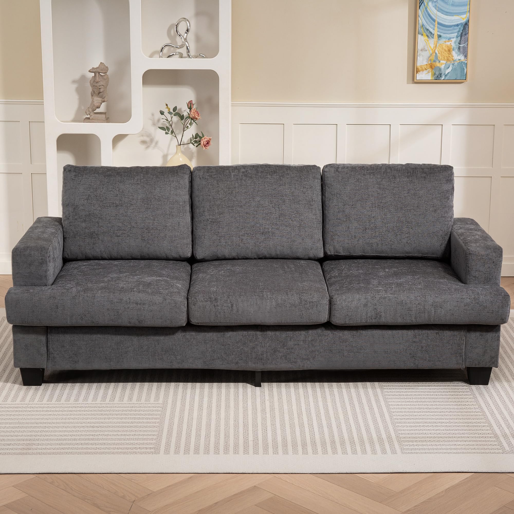 HOMCOM Sofá de 3 Plazas Acolchado Grueso Sofá de Salón 213x82x90 cm Gris | Tapizado en Chenilla, con Estructura de Acero, Diseño Moderno, para Dormitorio Sala de Estar