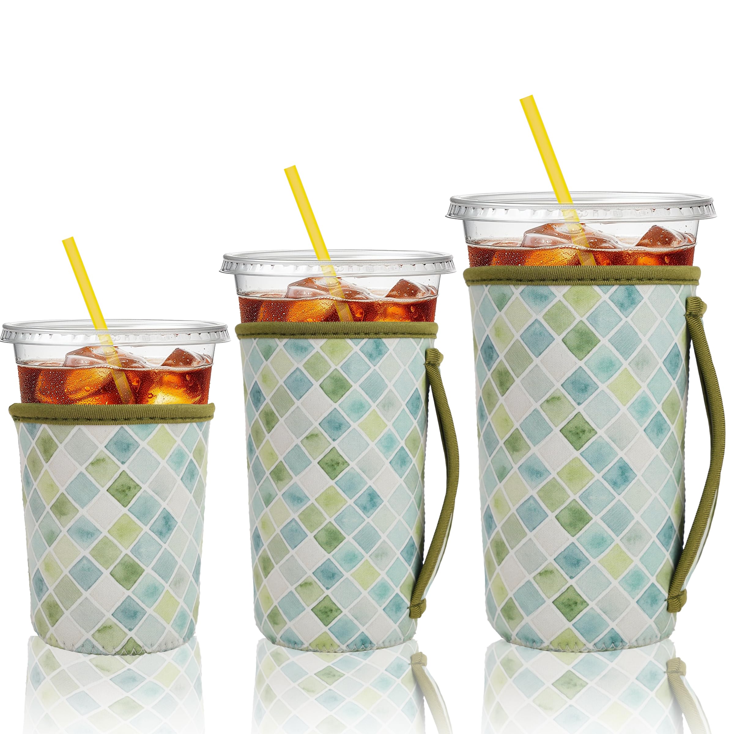 KJQJLY 3 Reusable Iced Coffee Sleeves for Iced Coffee Cups or Drinks Reusable Neoprene Insulated Sleeves for Hot and Cold Drinks from Starbucks, Dunkin, And More (Green Lattice)