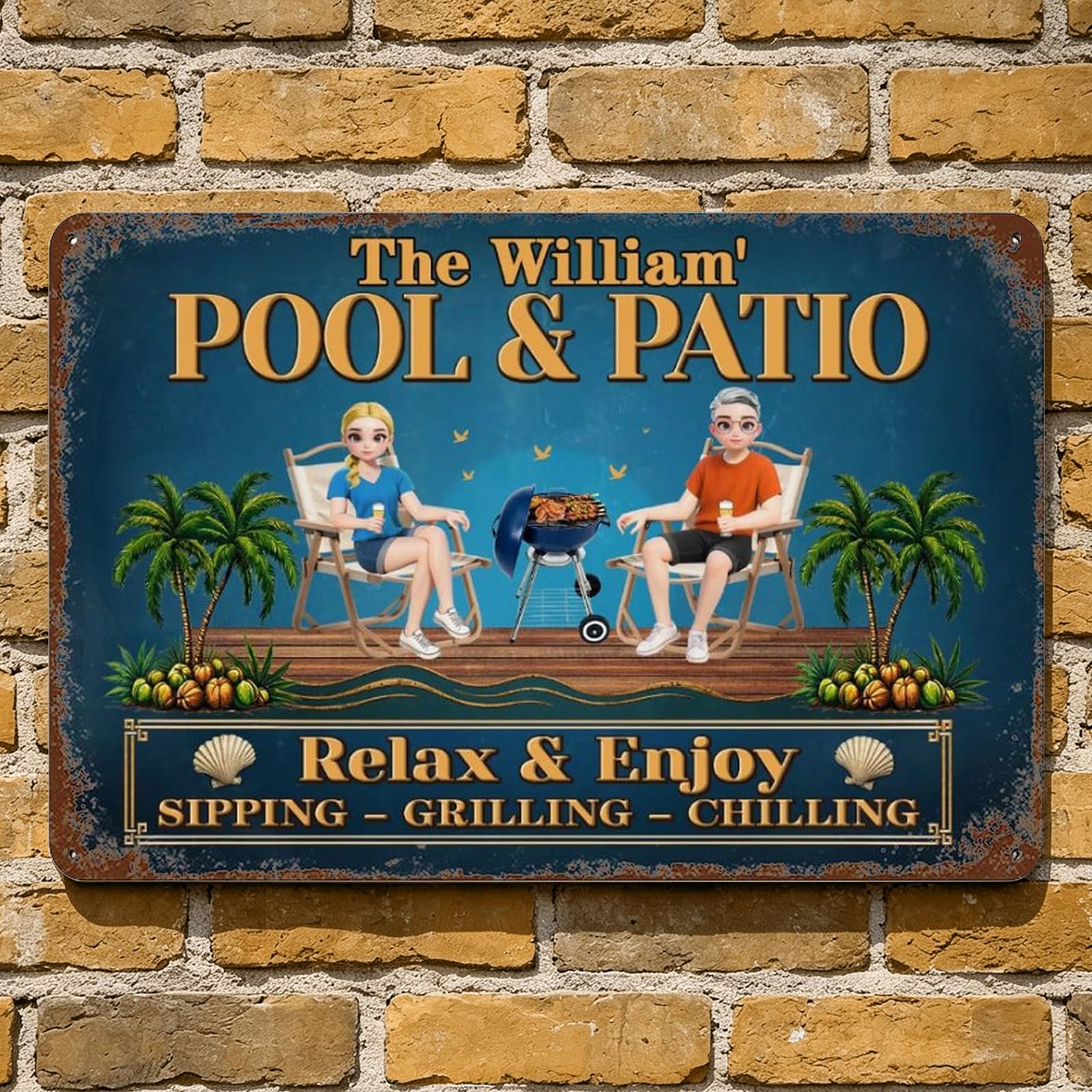 Personalized Pool & Patio Relax and Enjoy Vintage Metal Sign, Custom Name Cartoon Portrait Couple Wall Art Decor For Bedroom Patio Garden Man Cave Farmhouse