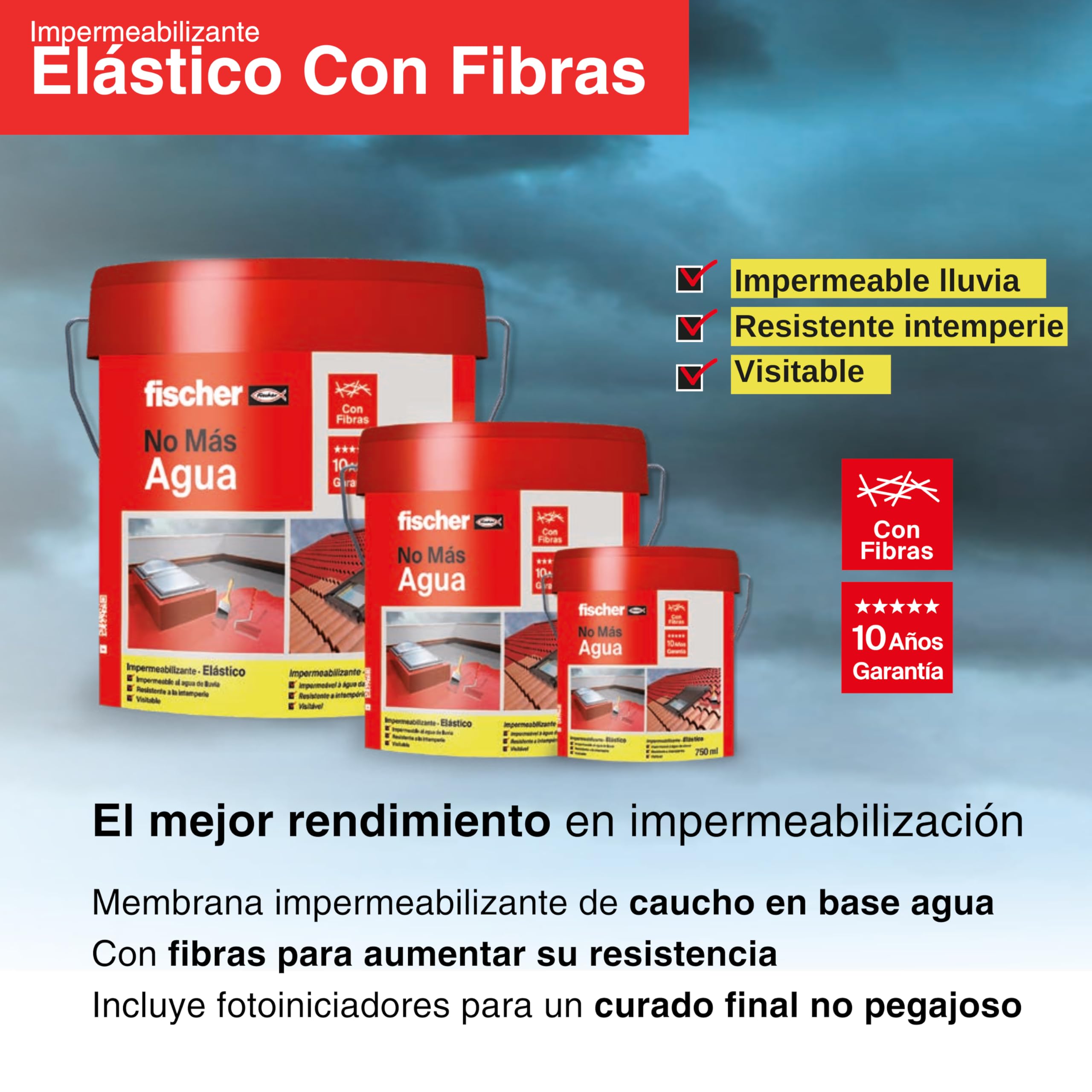 fischer - Pintura Impermeabilizante con Fibras | Resistente al Agua y Exteriores | Protección Elástica y Antideslizante | Ideal para Terrazas y Techos | 4L (Cubo 5kg) | Blanco