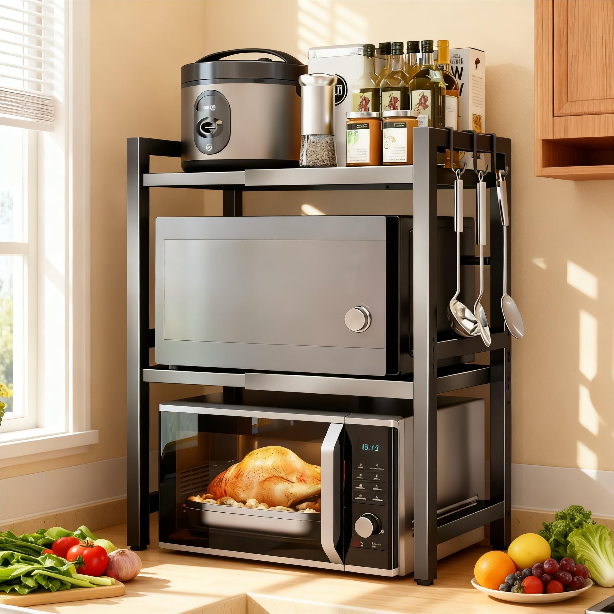 Homullel Expandable Microwave Oven Shelf Unit, Kitchen Countertop Microwave Stand with Shelves, Adjustable Kitchen Counter Rack Small Storage Shelving Unit, Desktop Printer Stand (Black, 2-Tier)