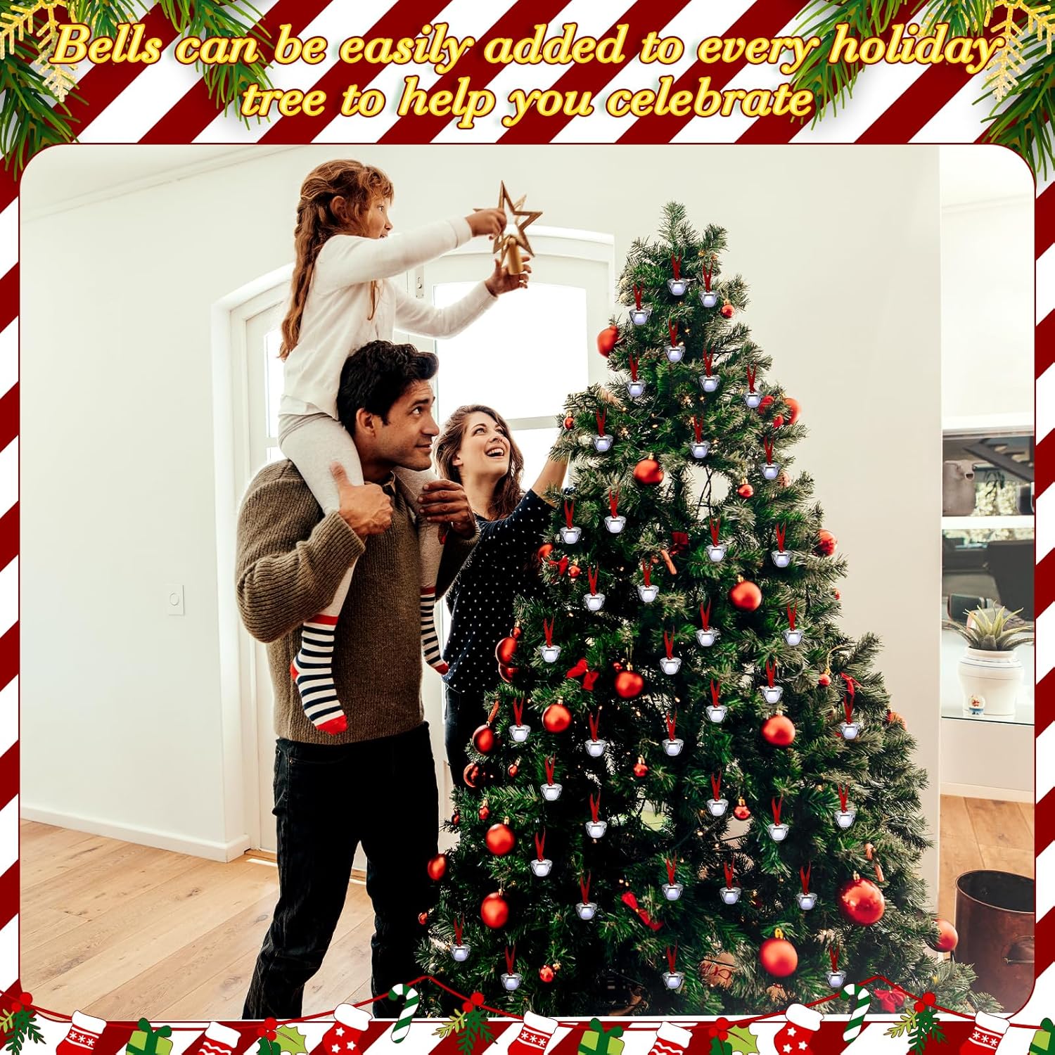 200 Pcs Christmas Believe Bell Ornaments 1.5 Inch Santa Sleigh Gift Bell Decoration for Christmas Tree with Red Ribbon Card and Organza Bags Kid Adult (Silver)