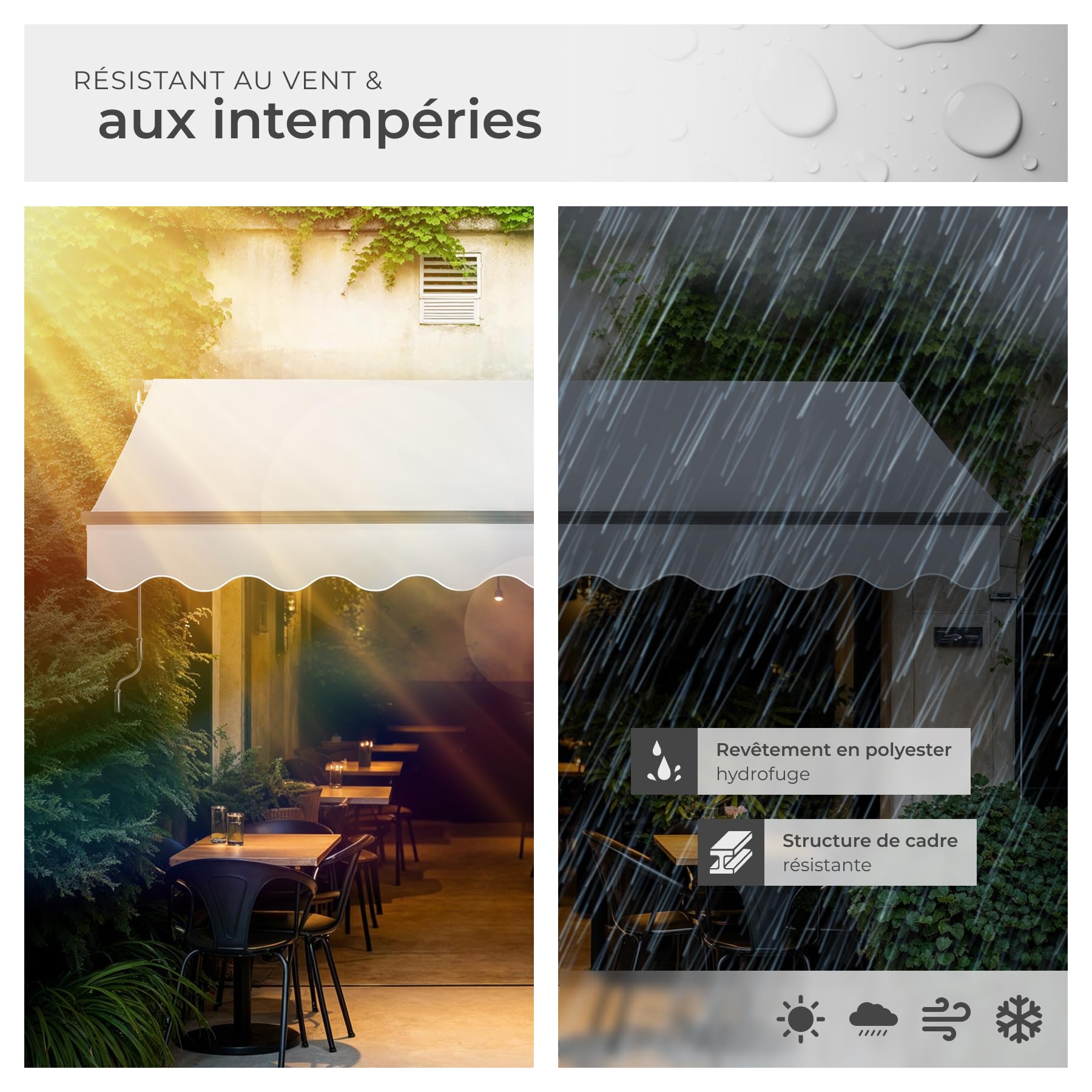 tectake® Store banne Manuel Marquise avec Manivelle Auvent de terrasse Pare Soleil Multi-Fonction Store Exterieur terrasse Enroulable Brise Soleil en Aluminium laqué époxy - Gris Clair, 300 x 250 cm