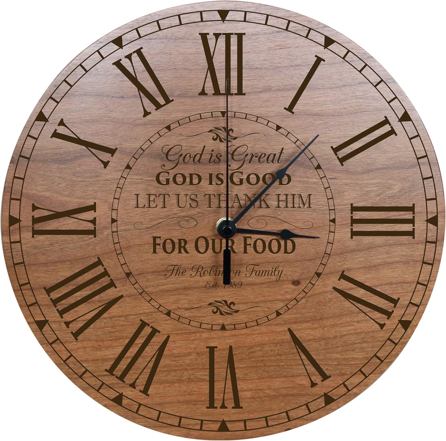 LifeSong Milestones Personalized Everyday Family Wall or Desktop Clock for Living Room, Bedroom, Kitchen, Office, New Home, Couples Gift 12 Inch Diameter - God is Great (Black)