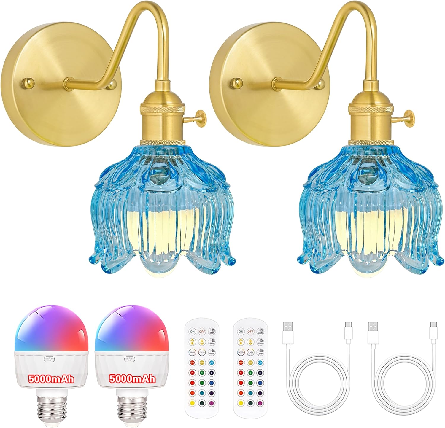 Battery Operated Wall Sconce Set of 2, Vintage Wireless Sconces with BlueTulip Glass Shade, 15 Color Temp, 5000mAh Rechargeable Battery, Remote Control Wall Lights for Bedroom, Living Room