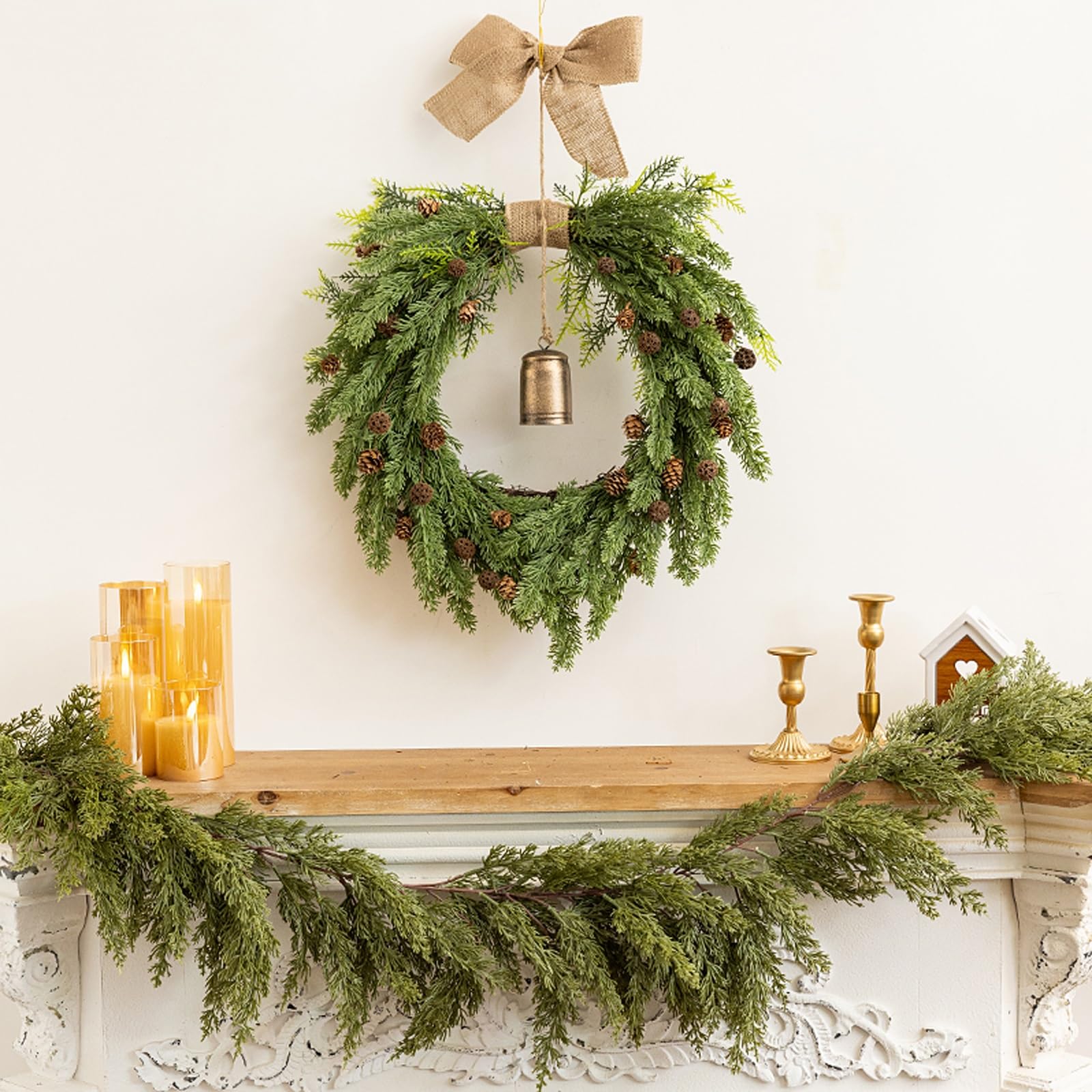 OPFdfhDFH Christmas wreaths, 2-Piece Evergreen Garland, Artificial Pine with Cones, Bells, Bows, Christmas Decor for Home Indoor Mantle Outdoor Door Decorations