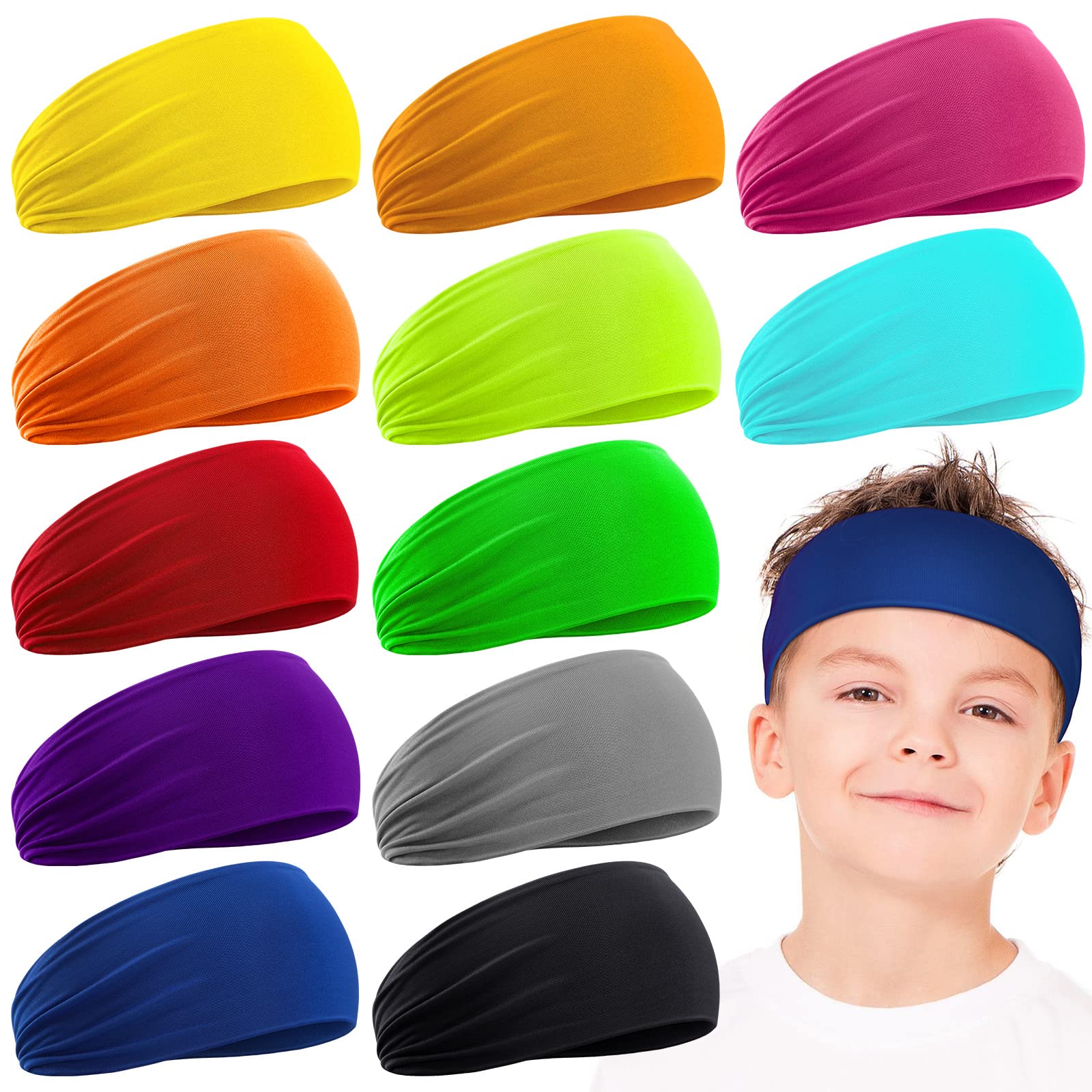 Zhanmai 12 Pieces Boys Headbands 16 Inch Kids Sweatbands, Soft Athletic Sports Head Sweatband Headbands Wicking Elastic Hairband for Girls and Boys