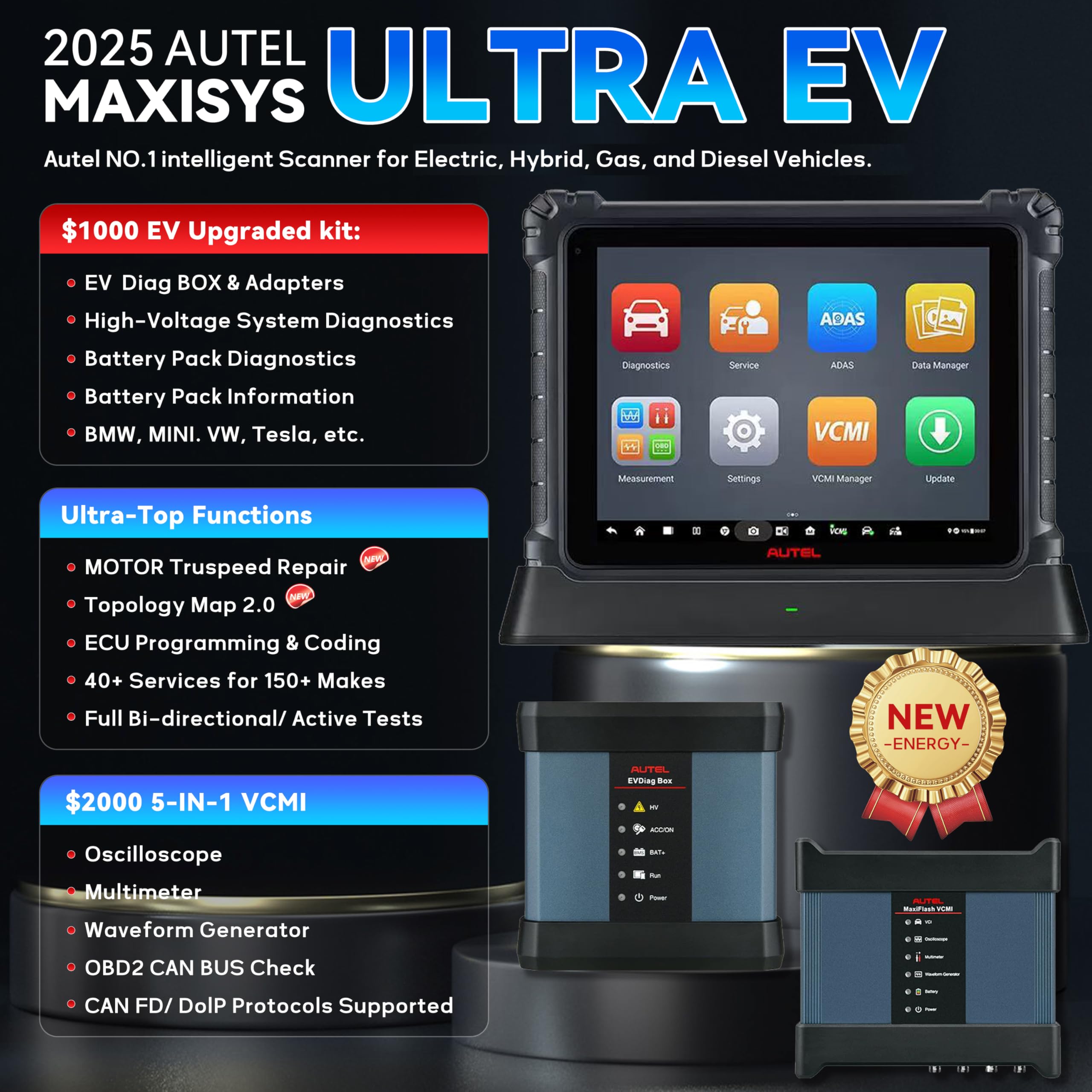 Autel MaxiSys Ultra EV OBD2 Scanner, 2025 Top EV Lntelligent Diagnostic Scan Tool, Upgrade of Autel Ultra / MS919 / MS909, with EVDiag Kit, High-Voltage System & Battery Pack Analysis, ECU Programming
