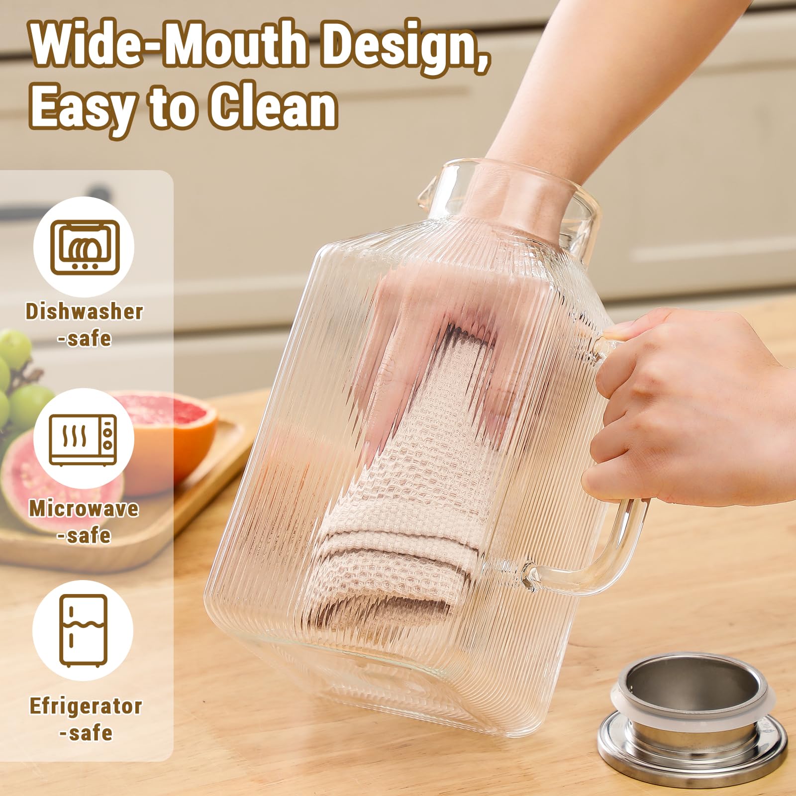 Paquete de 2 jarras cuadradas de vidrio grueso de 1 galón con tapa, jarras de agua de rayas clásicas para refrigerador, jarra de vidrio de borosilicato para bebidas calientes y frías, jarra