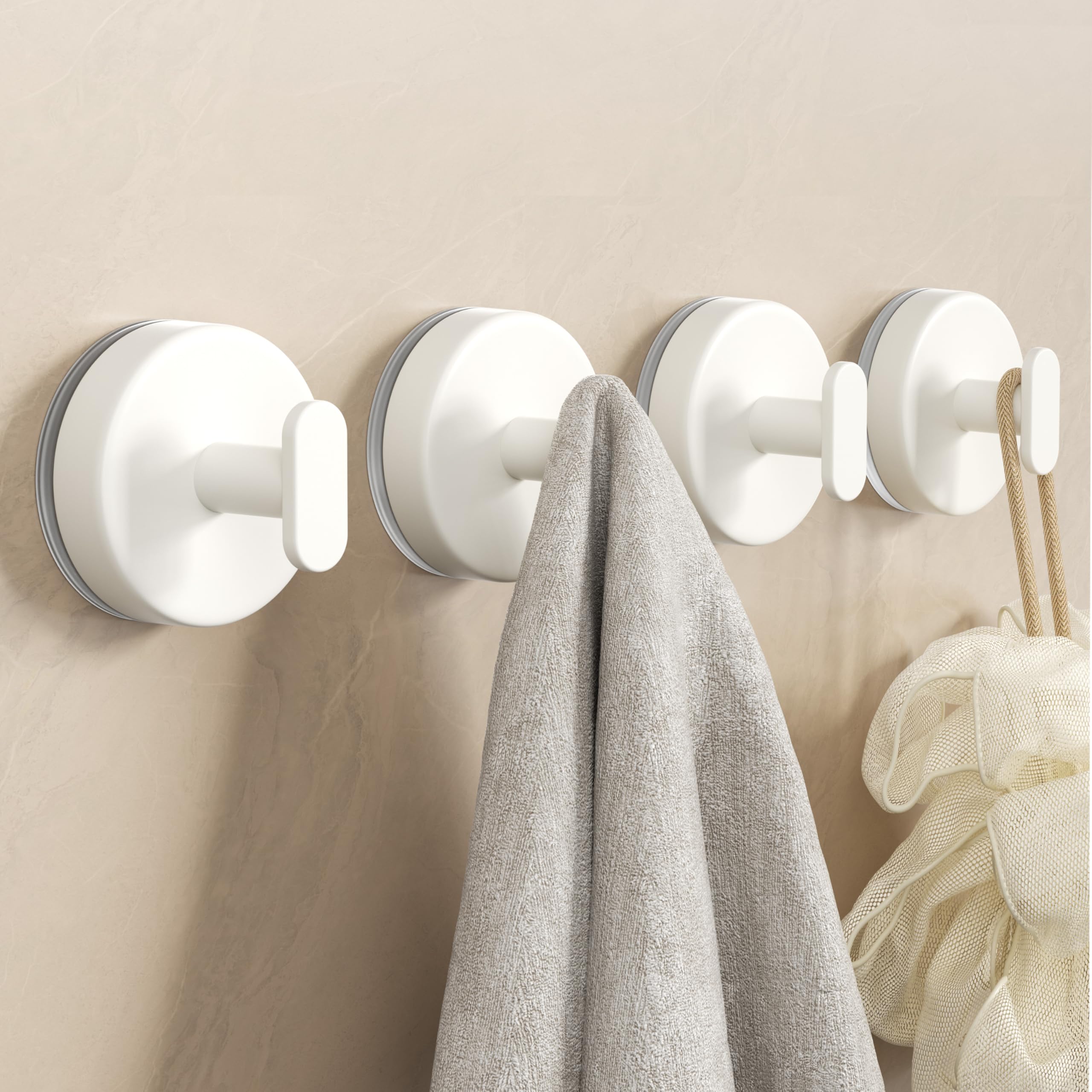 Suction Cup Hooks for Shower: 15 LB Strong Wall Hanger for Bathroom, Front door, Glass, Window, RV, Holder for Towel, Christmas Wreath, Coat, Loofah, Waterproof & Reusable, Cream White 4-Pack