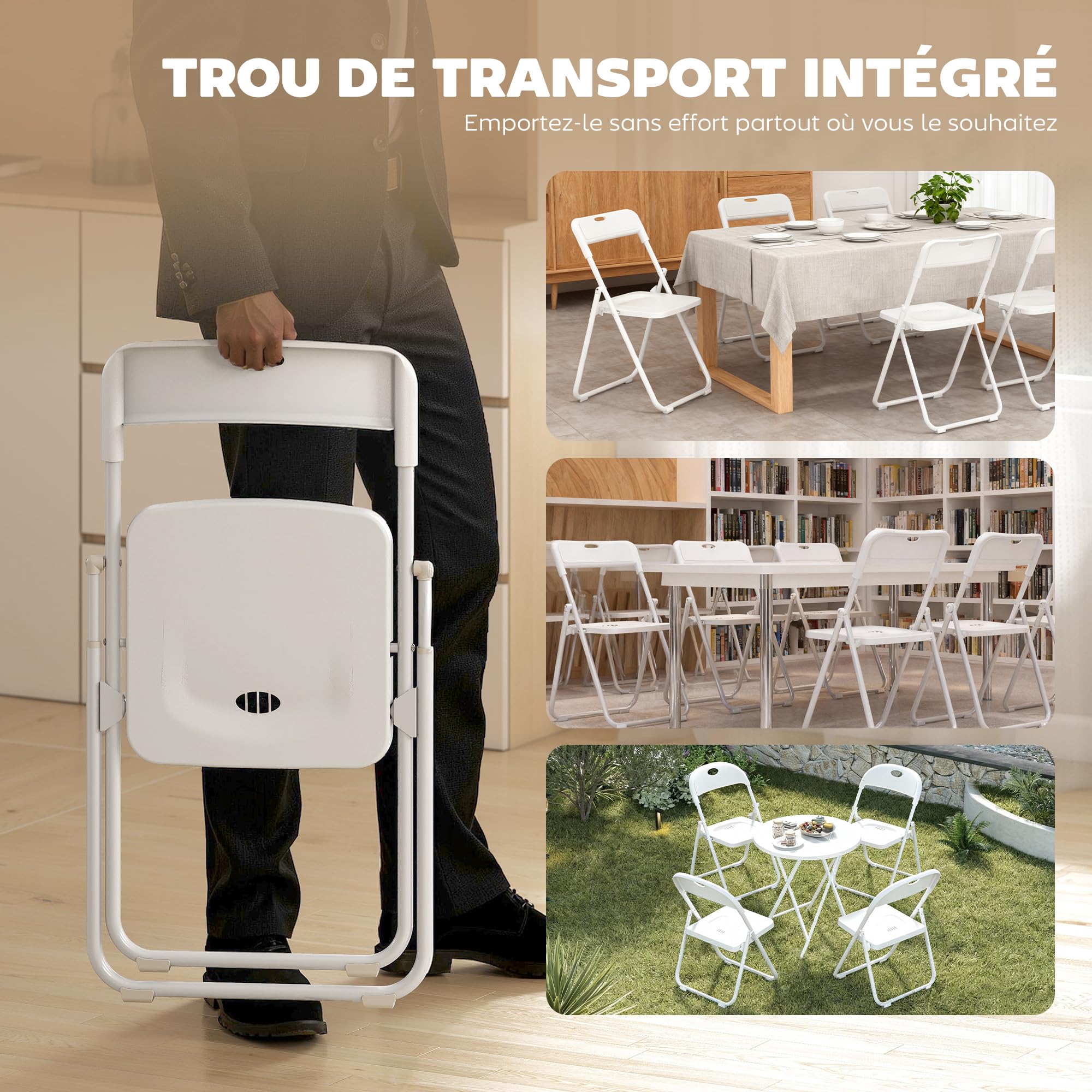 HOMCOM Lot de 6 chaises pliantes en plastique et acier, chaises pliantes intérieures portables, dossier incurvé, assise concave, aération, trou de transport, pour maison, bureau, salle à manger, blanc