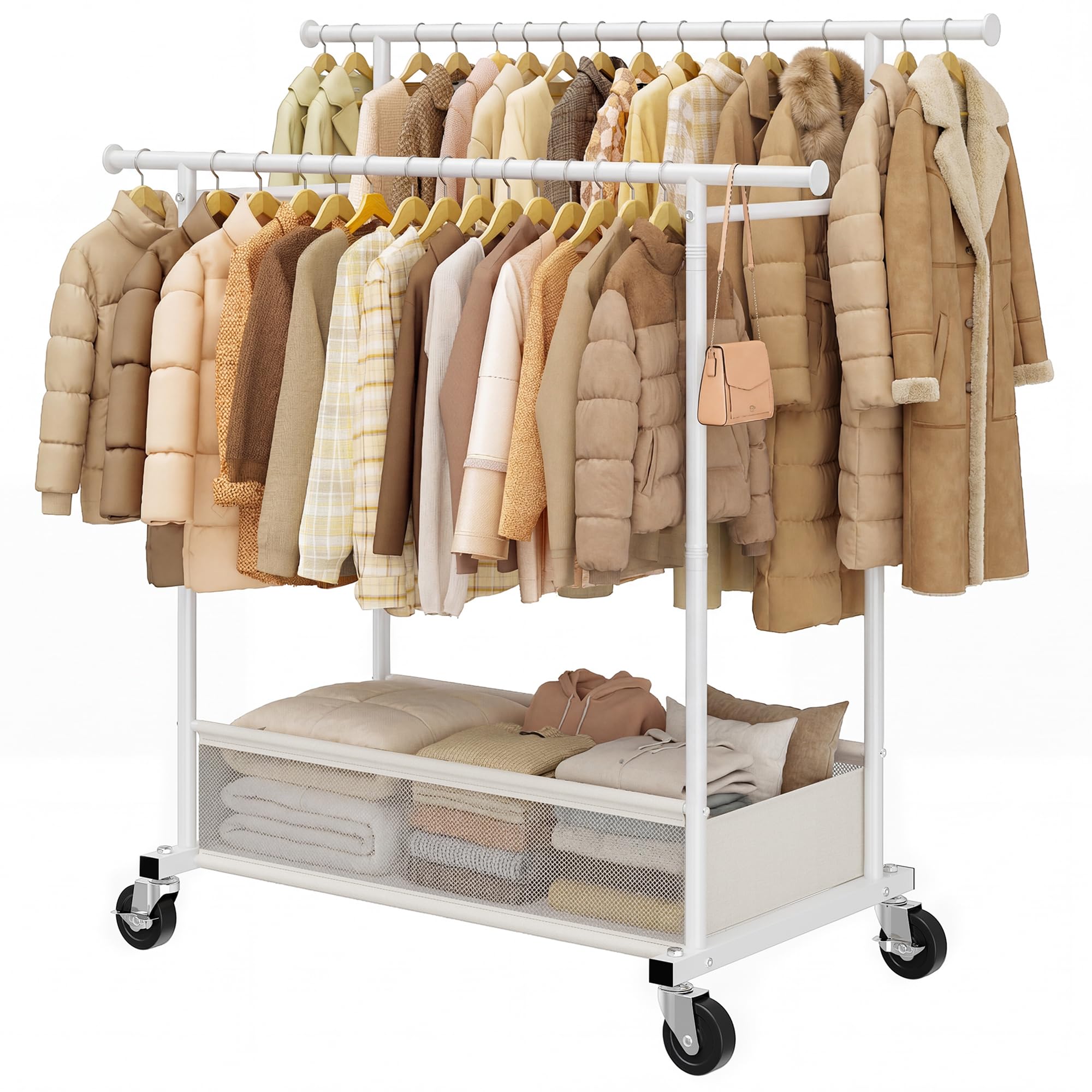 Klyvvo Kleiderständer auf Rollen mit Wäschekorb, 110KG Doppelter Kleiderständer Stabil mit Rollen, Kleiderstange aus Metall für Kleider,Pullover,Mäntel,Abrigos de Invierno,Clothes Rack,Eine Notlösung