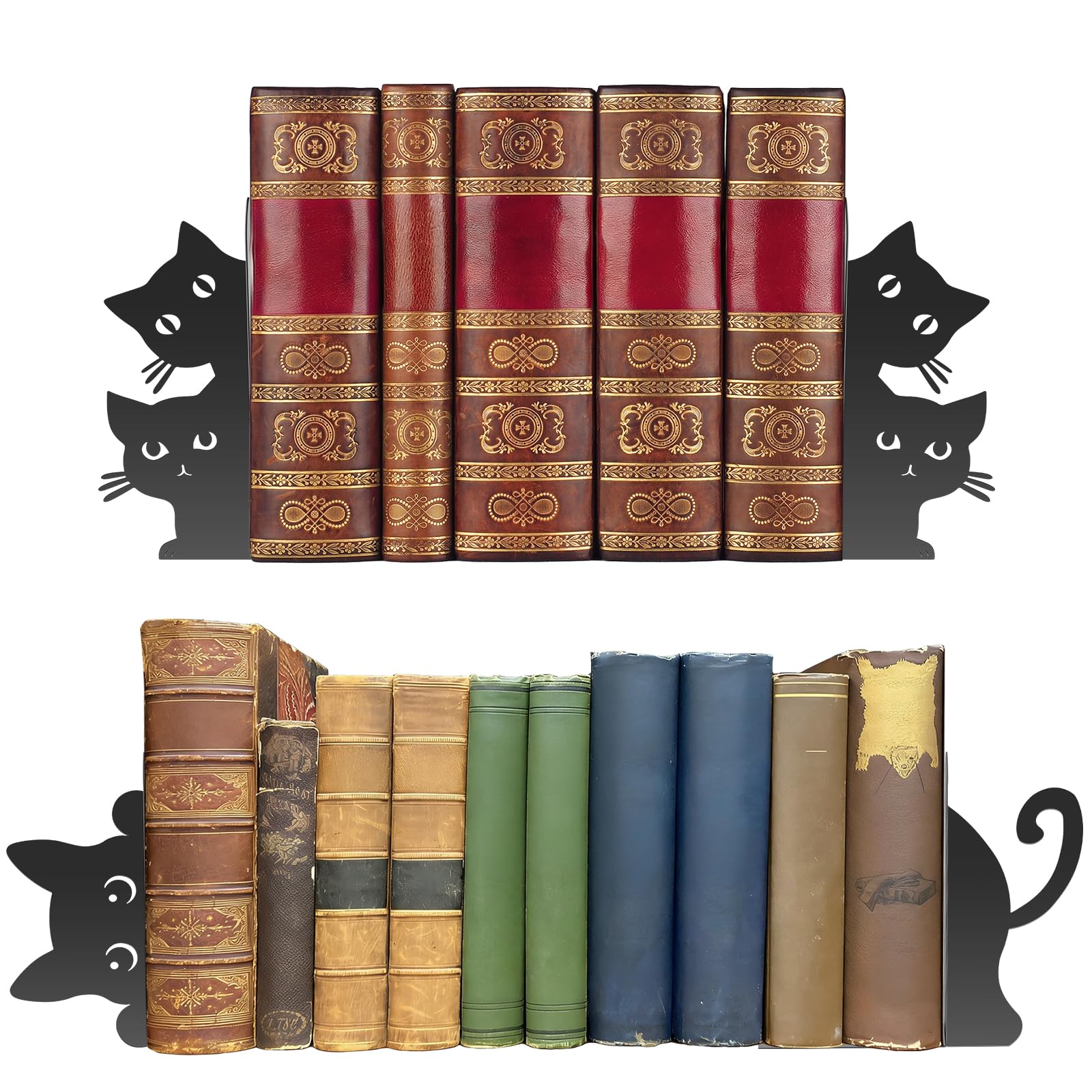 2 Pair Metal Bookends, Black Peeping Cat Bookend for Shelf Decorative, Metal Book End Book Stopper for Office Home, Cute Desk Bookshelf Decor, Bookshelf Dividers, Gifts for Cat Lover(SetA)