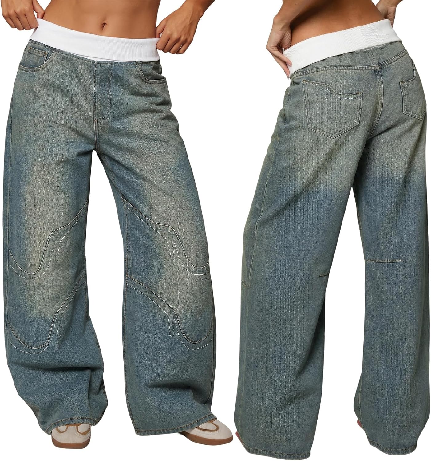 EMMIOL Women Y2K 90S Hip Hop Baggy Jeans Boyfriend Wide Leg Denim Pants Mid-High Rise Loose Streetwear Outfits