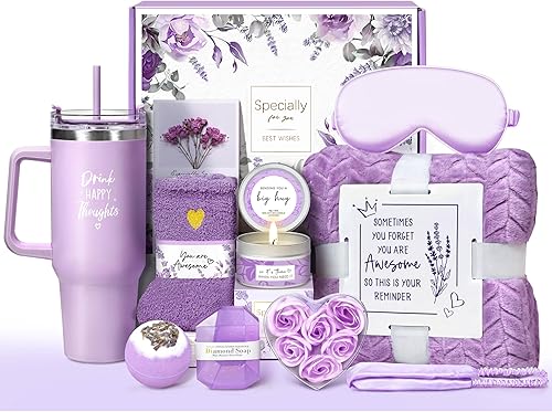 Regalos de cumpleaños para mujeres, regalos de cuidado personal para recuperarse, cesta de regalo relajante de spa de lavanda, paquete de cuidado