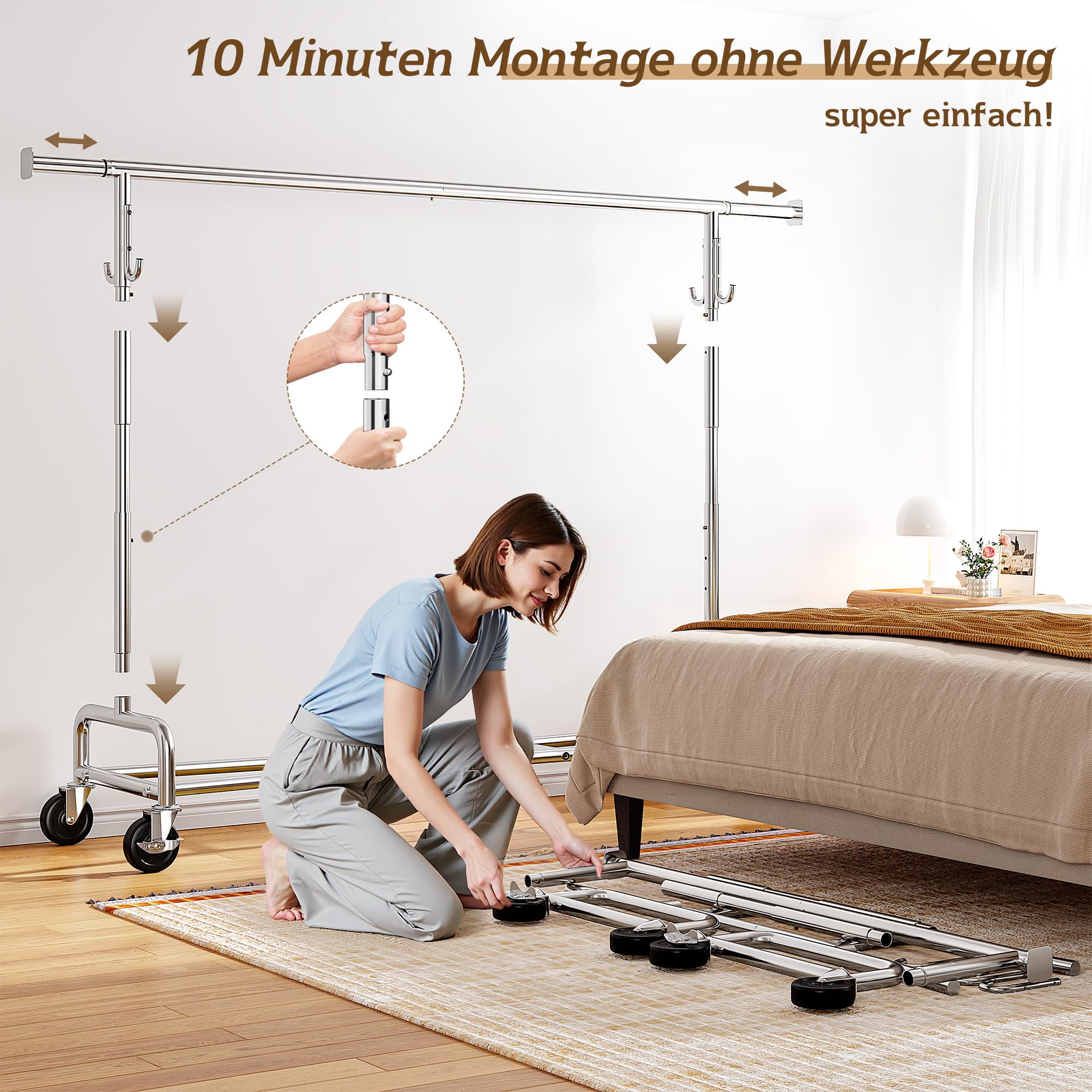 Kleiderständer auf Rollen, 140KG Traglast Stabil Schwerlast Kleiderständer, 131–189cm Ausziehbare Kleiderstange, 146-170cm Höhenverstellbar Kleiderstange für Kleider, Pullover,Mäntel,Jacken