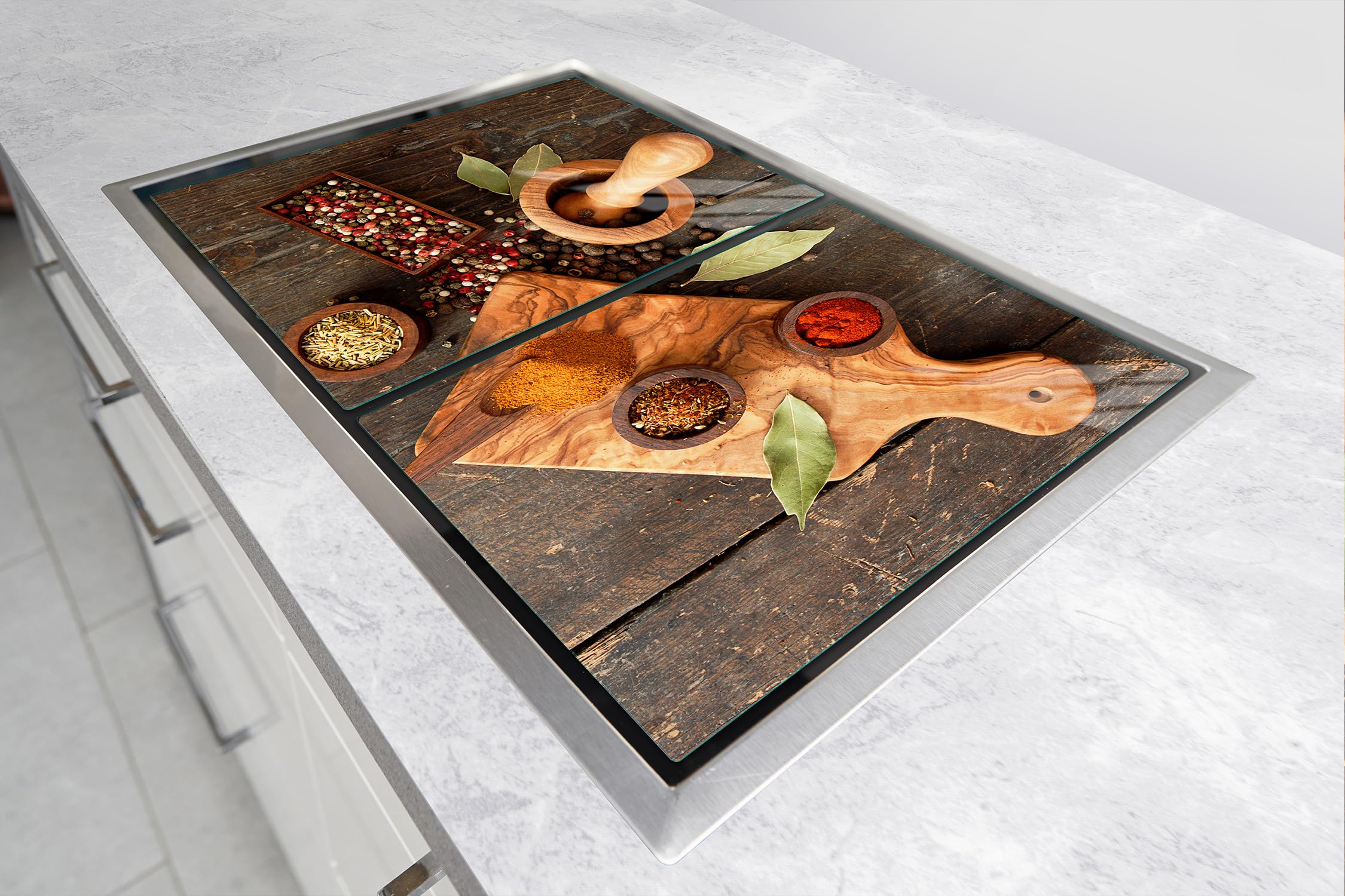 TMK ArtDeko Copri piano cottura induzione 85 x 52 cm copertura per piano cottura in vetroceramica 2 pezzi universale per piastre di cottura paraspruzzi tagliere in vetro temprato, Campo