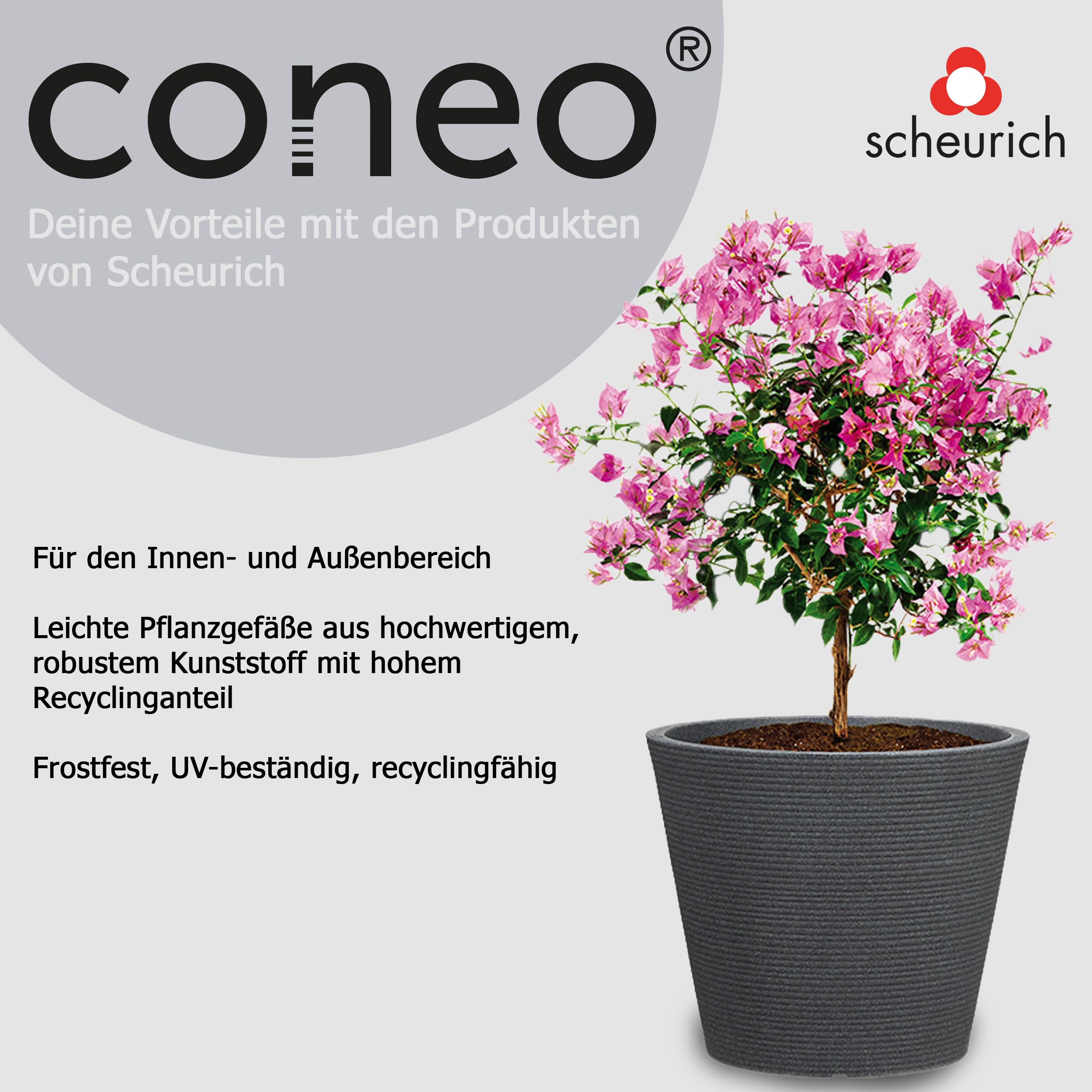 Scheurich Coneo, fioriera in plastica, granito nero, diametro 49 cm, altezza 39,4 cm, 46 l vol.