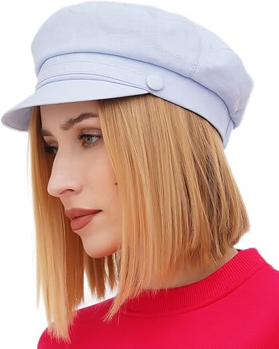 Womens newsboy hat summer linen baker boy Breton cap sun trendy for spring light blue (L7 382359)