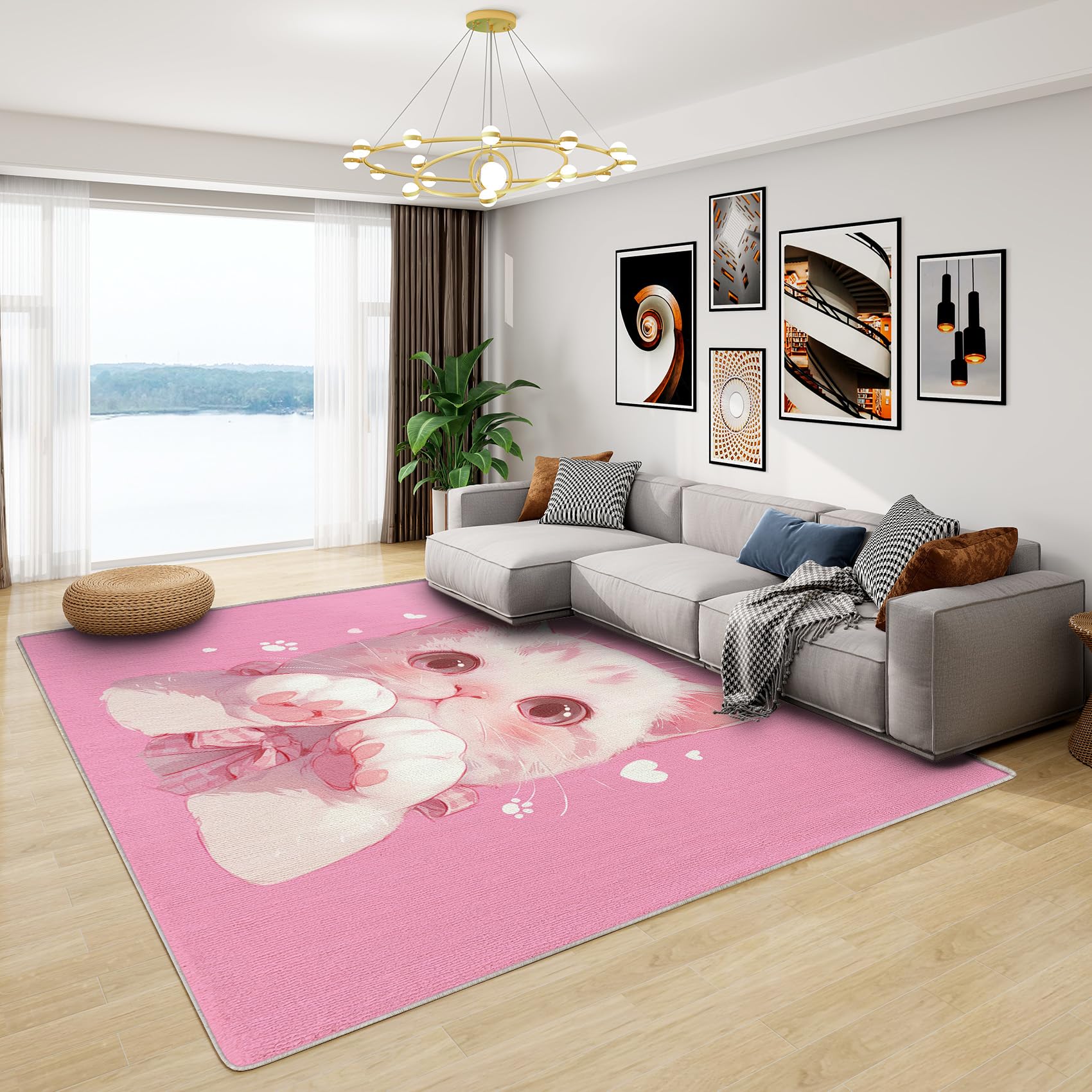Cat Rug Kids - Kawaii Pink Rug, Girls Cute Kitten Rugs for Living Room Bedroom, Washable Non Slip Soft Small Carpet, Patterned Area Rugs & Home Decor 60x90 cm